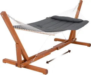 SUNCREAT Hammocks Double Cotton Rope Hammock with Polyester Pad, Heavy Duty Hammock with Wooden Stand, Dark Gray