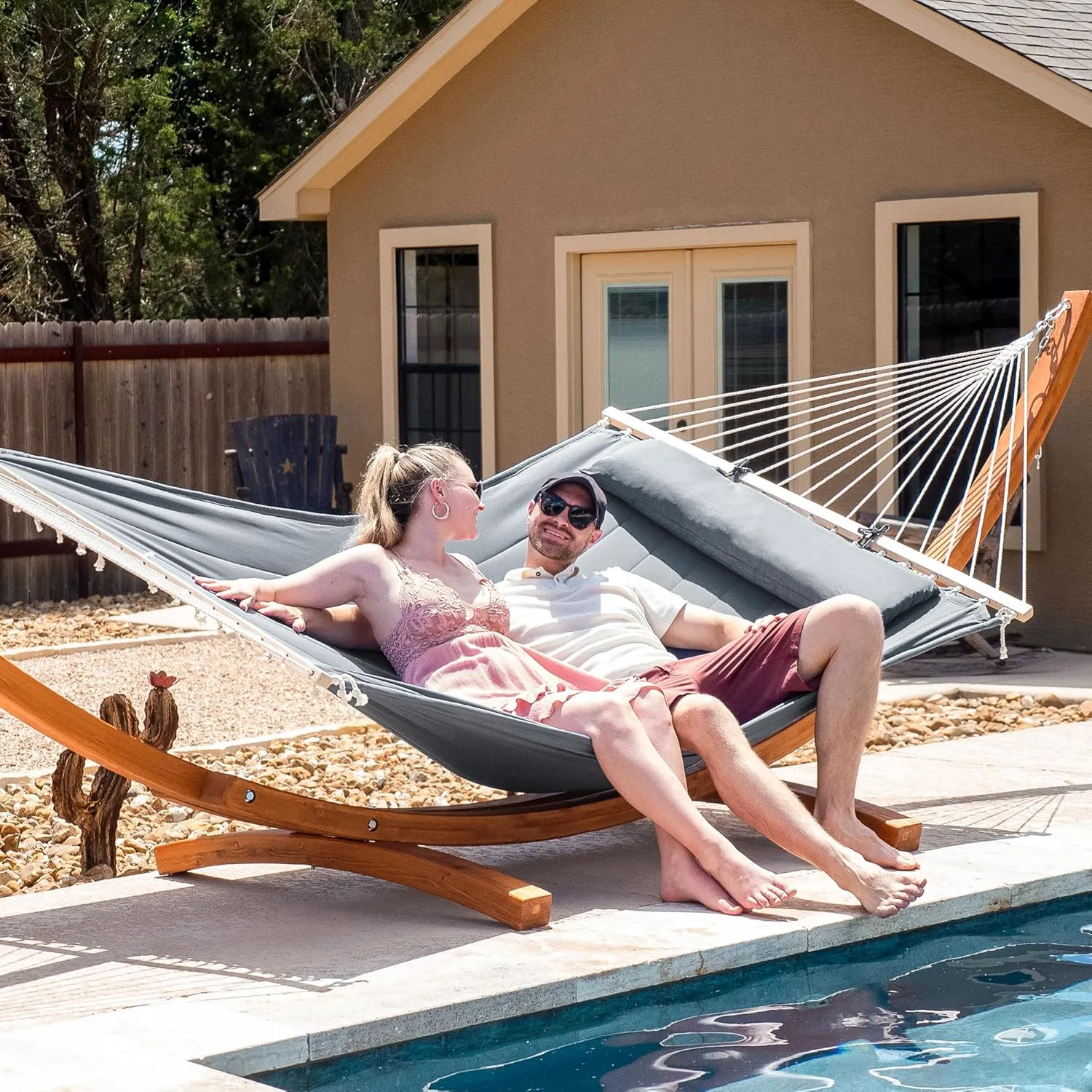 SUNCREAT Hammocks Double Hammock with Wooden Stand Included, Outdoor Hammocks for Outside, 475 lbs Capacity, Dark Gray