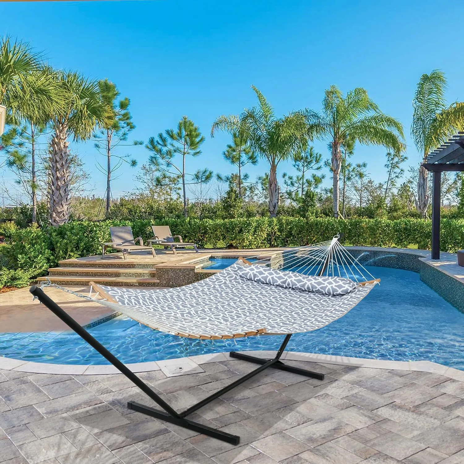 SUNCREAT Hammocks for Outside with Stand, Freestanding Hammock with Frame, 450 lbs Capacity, Grey Pattern