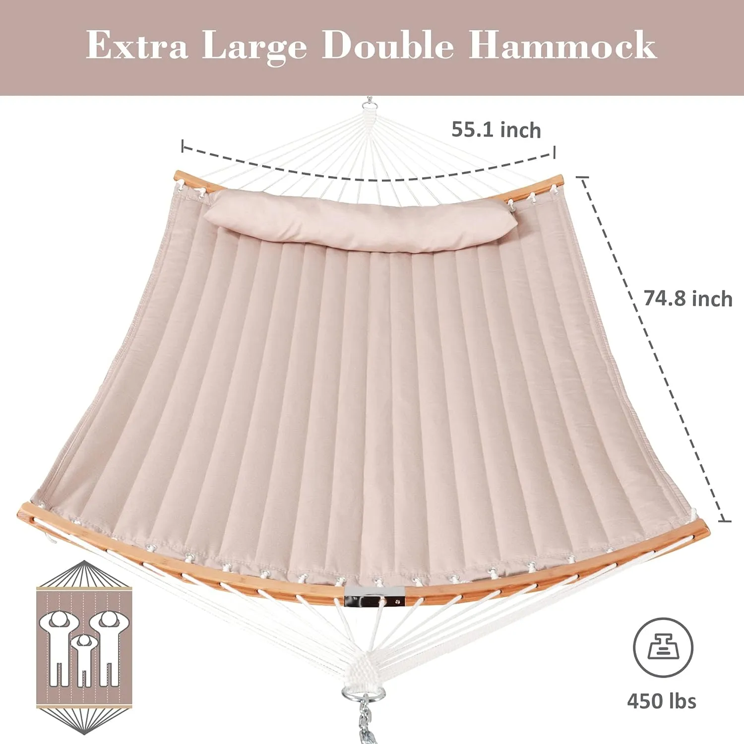 SUNCREAT Hammocks Patio Hammock with Stand, 2 Person Heavy Duty Curved Hammock with 13.5 ft Wooden Stand, Tan