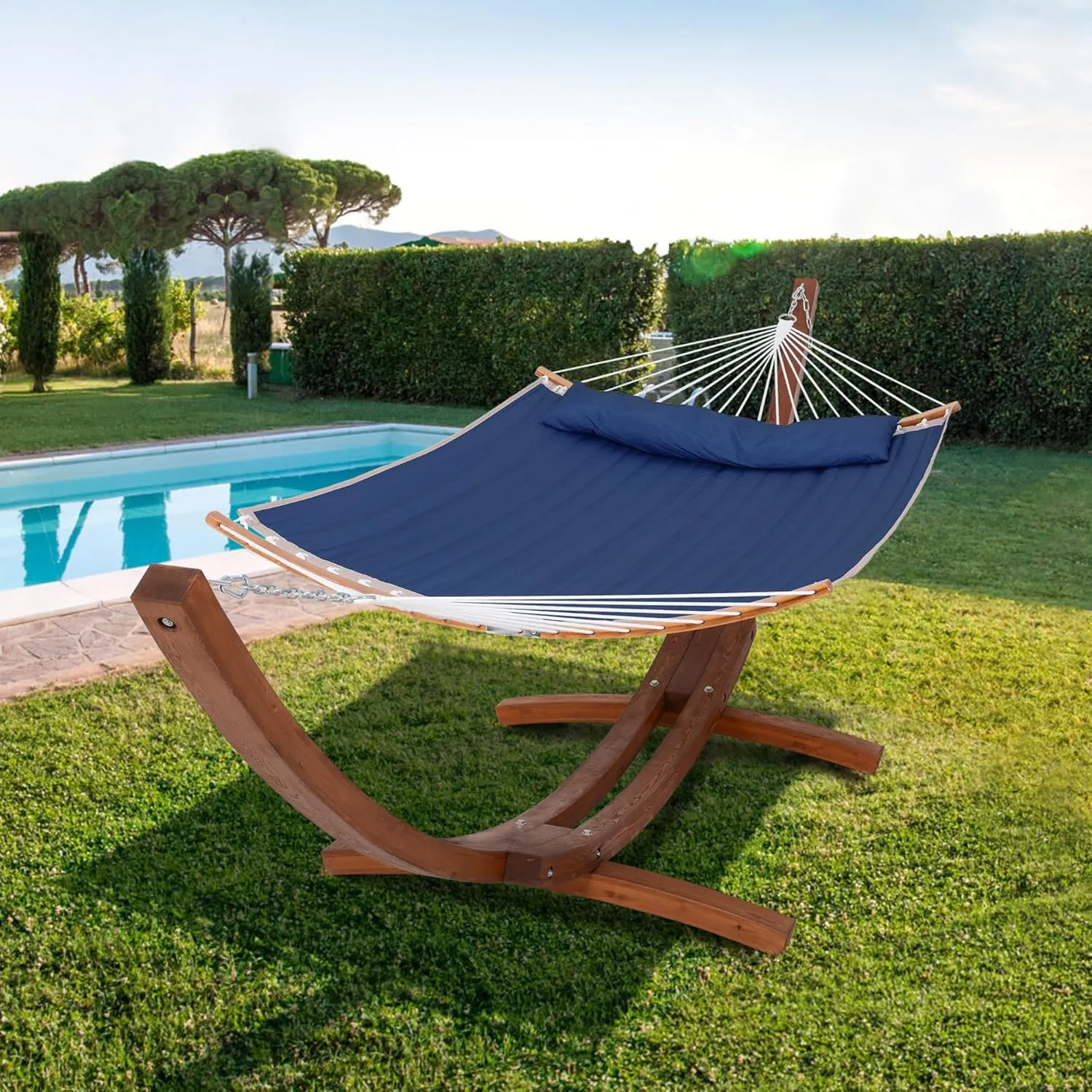SUNCREAT Hammocks Standing Backyard Hammock with Stand, 2 Person Heavy Duty Hammock with 13.5 ft Wooden Stand, Navy
