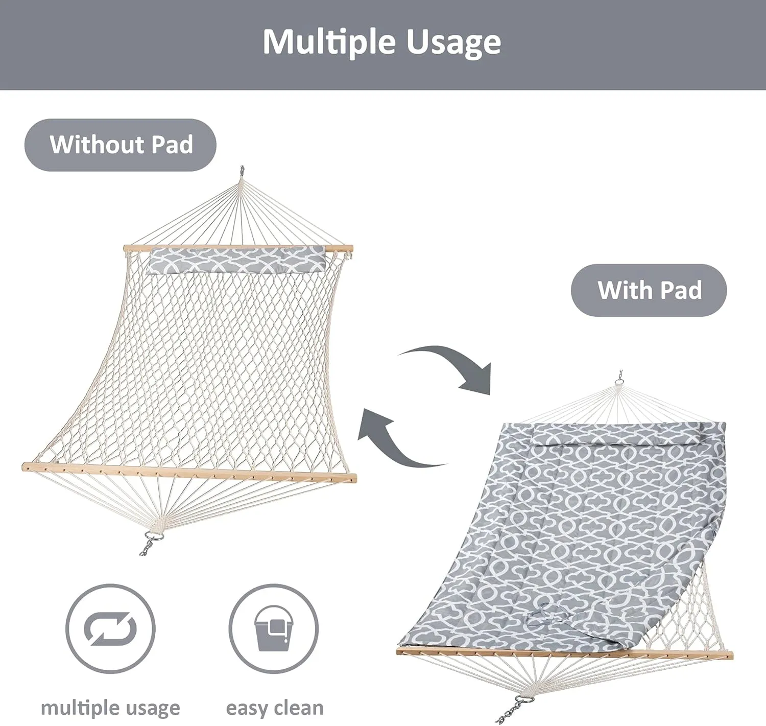 SUNCREAT Outdoor Double Hammock with Stand, Two Person Cotton Rope Hammock with Polyester Pad, Circle Pattern