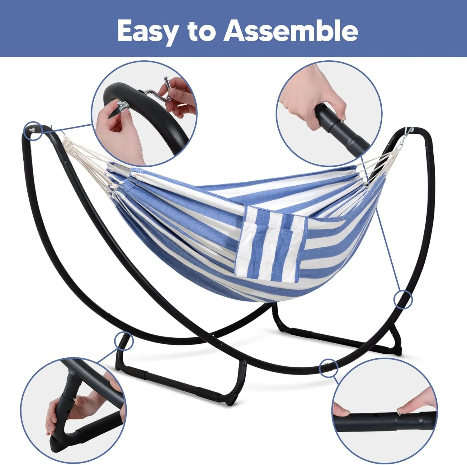 SUNCREAT Portable Large Hammock with Stand, Two Person Hammock with Stand Included, Patent Pending, Blue White