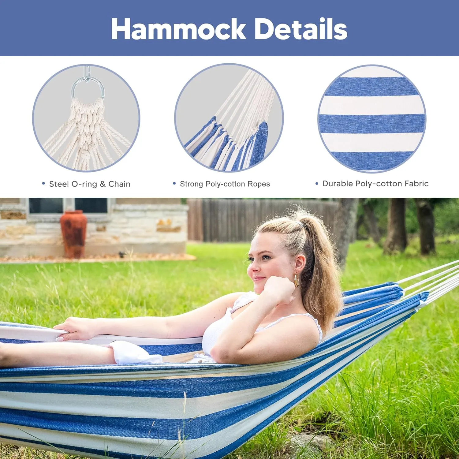 SUNCREAT Portable Large Hammock with Stand, Two Person Hammock with Stand Included, Patent Pending, Blue White