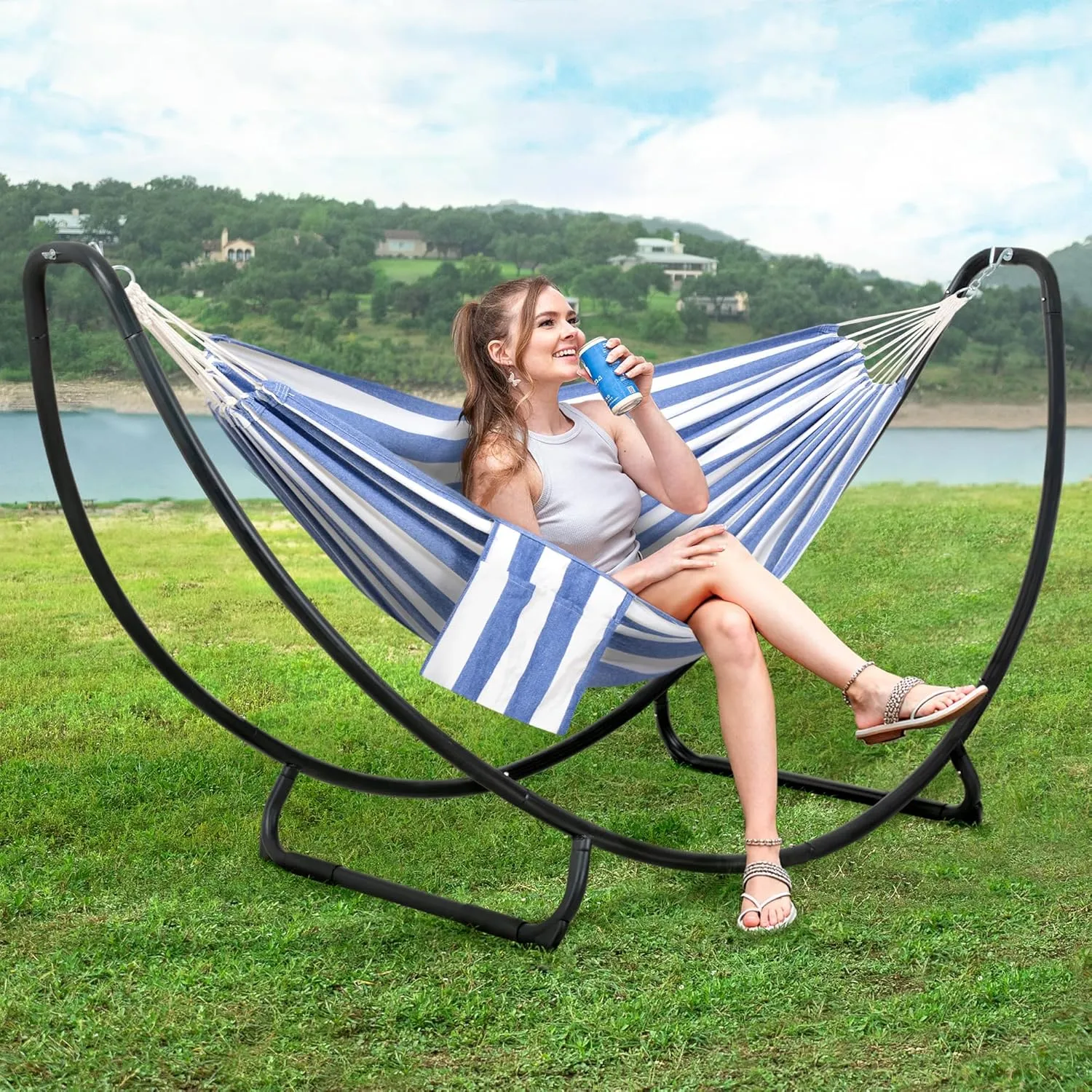 SUNCREAT Portable Large Hammock with Stand, Two Person Hammock with Stand Included, Patent Pending, Blue White