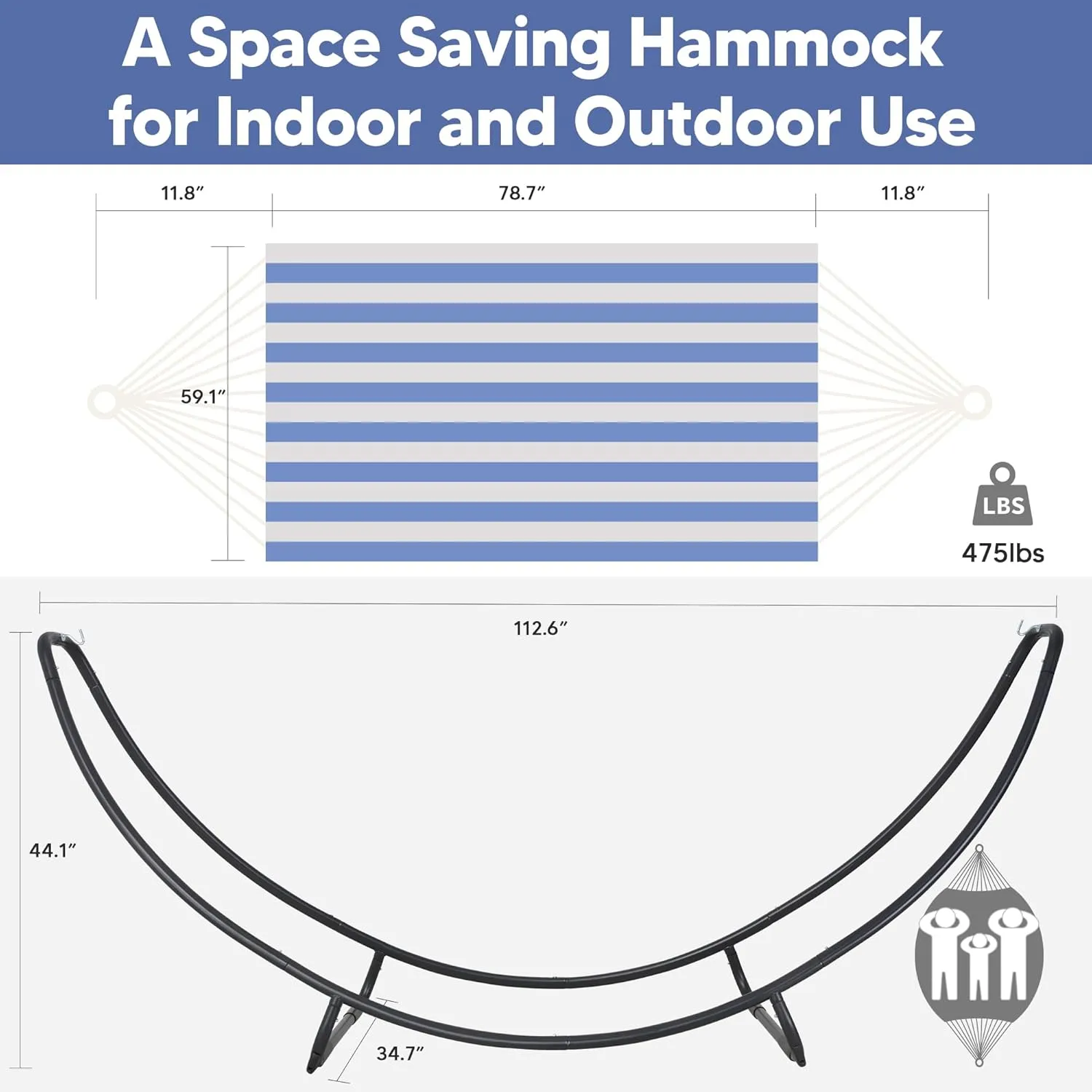 SUNCREAT Portable Large Hammock with Stand, Two Person Hammock with Stand Included, Patent Pending, Blue White