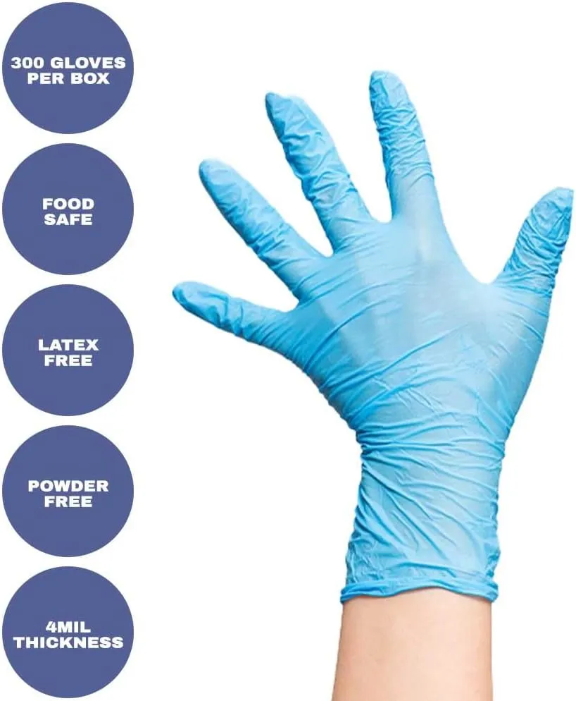 SUNLINE Powder Free & Puncture Resistant Disposable Latex Free Nitrile Gloves - 3.2mil, Blue (S, M, L, XL Size)