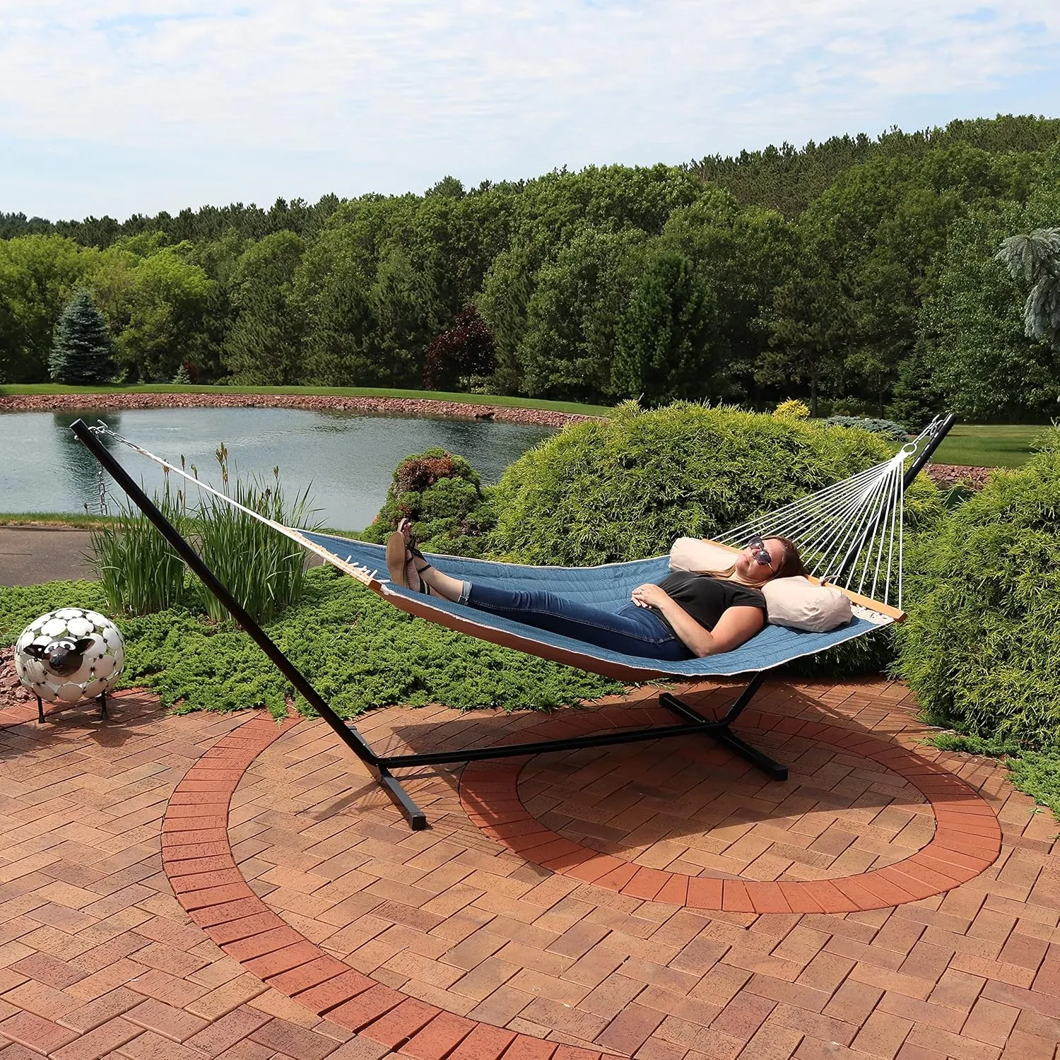 Sunnydaze Double Quilted Polyester Hammock with Detachable Pillow - 440-Pound Capacity - Tidal Wave