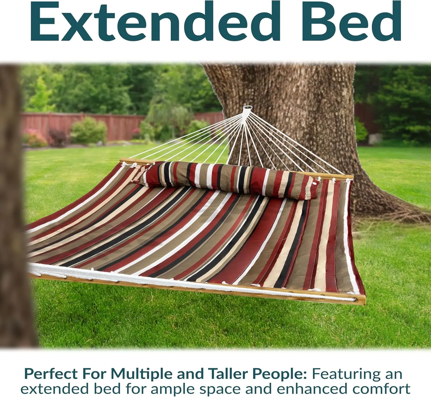 Sunnydaze Extra Large Quilted Hammock with Spreader Bars - 2-Person Hammock for Outside - Awning Stripe