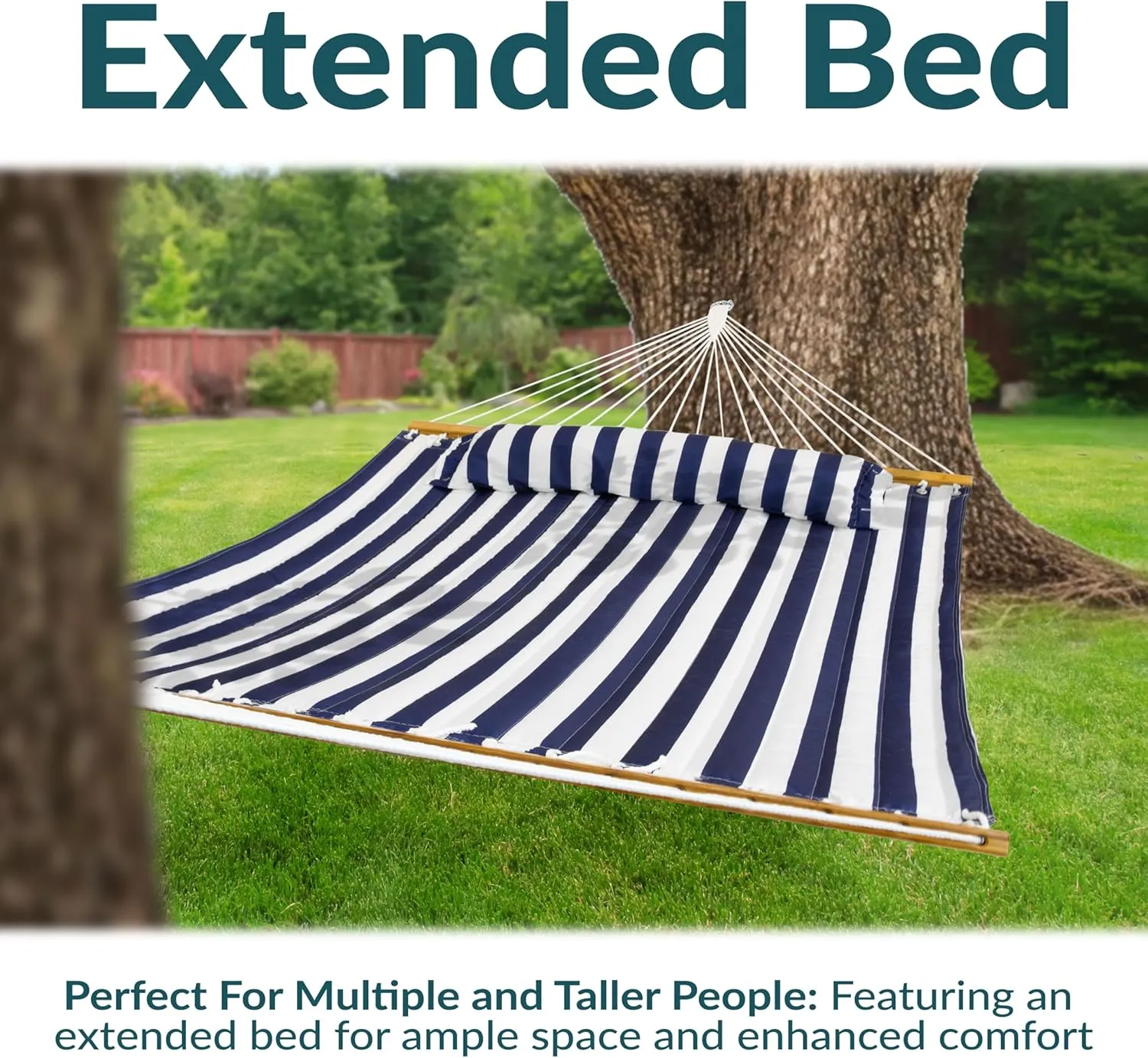 Sunnydaze Extra Large Quilted Hammock with Spreader Bars - 2-Person Hammock for Outside - Blue and White Stripe