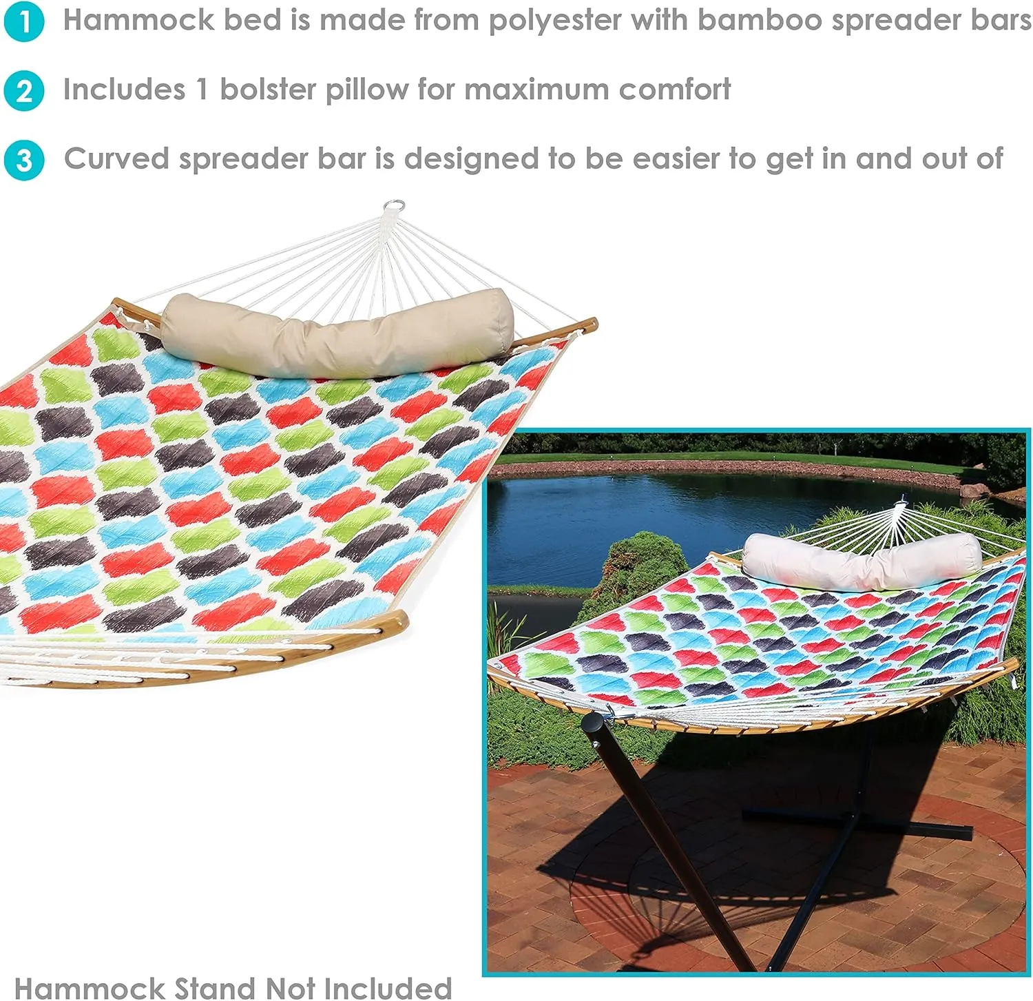 Sunnydaze Outdoor Hammock with Spreader Bar - 450-Pound Capacity Curved Spreader Bar Hammock - Multicolor Quatrefoil