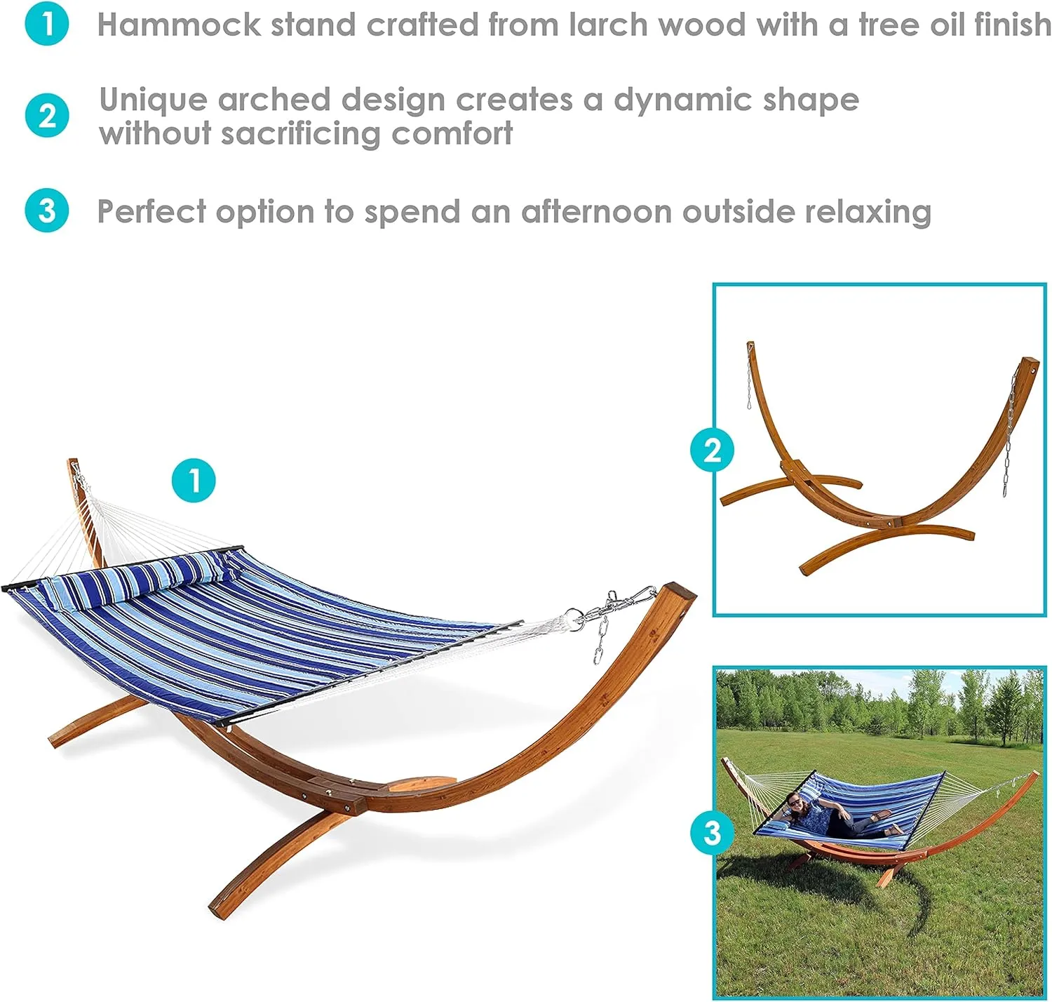Sunnydaze Quilted Double Fabric Hammock with 13-Foot Curved Arc Wood Stand - 400 Pound Capacity - Catalina Beach