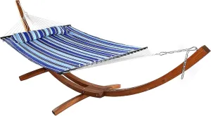 Sunnydaze Quilted Double Fabric Hammock with 13-Foot Curved Arc Wood Stand - 400 Pound Capacity - Catalina Beach