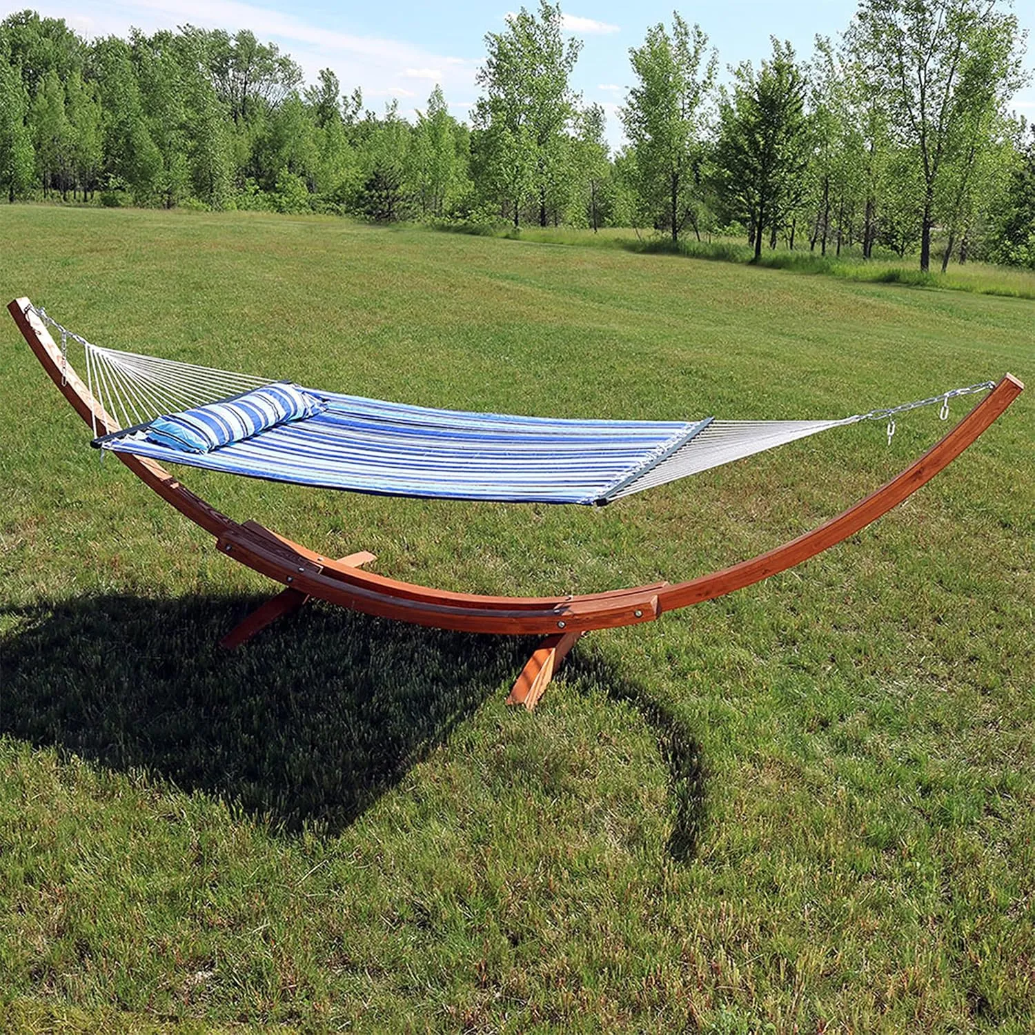 Sunnydaze Quilted Double Fabric Hammock with 13-Foot Curved Arc Wood Stand - 400 Pound Capacity - Catalina Beach