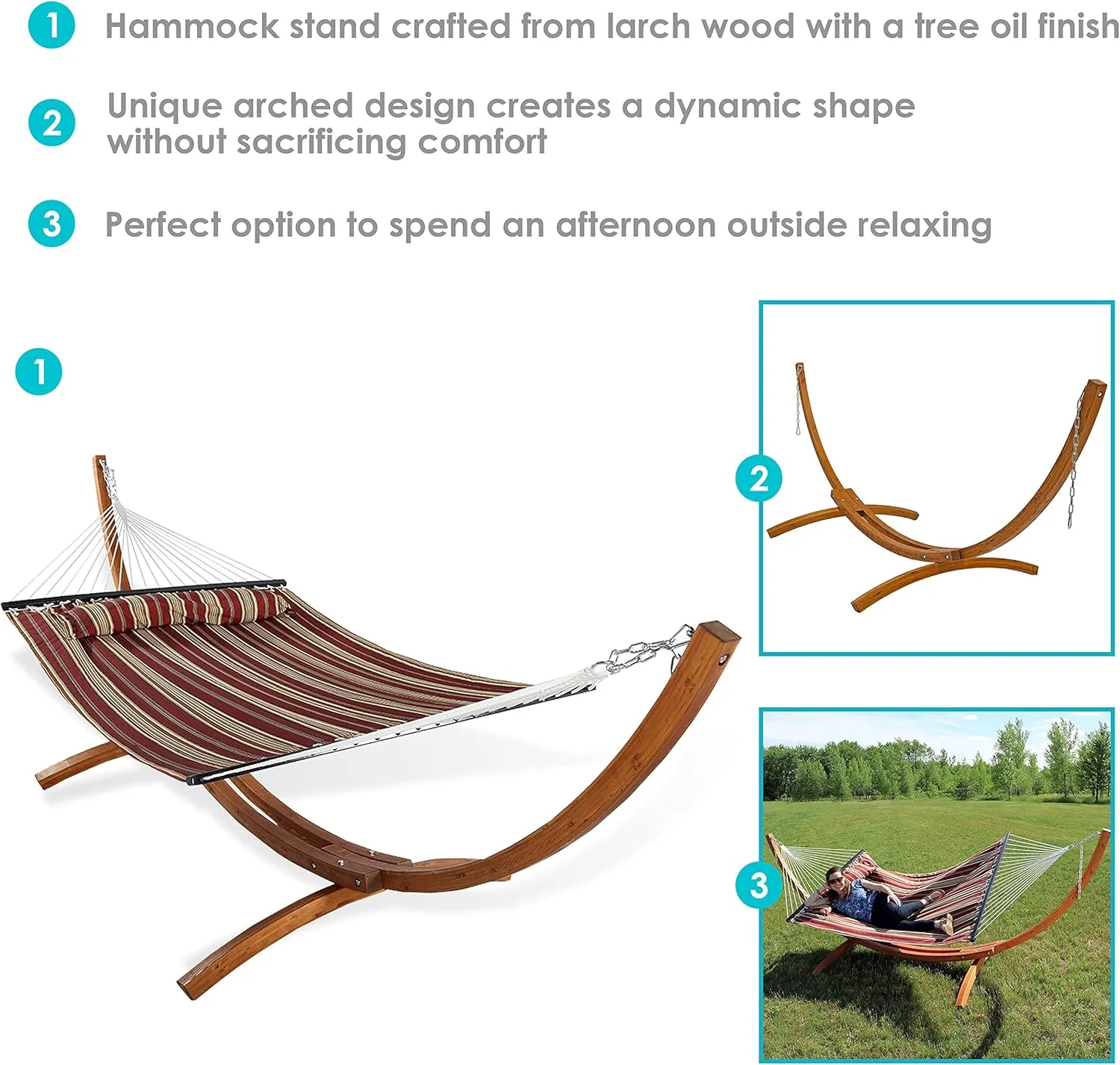 Sunnydaze Quilted Double Fabric Hammock with 13-Foot Curved Arc Wood Stand - 400 Pound Capacity - Red and Stripe
