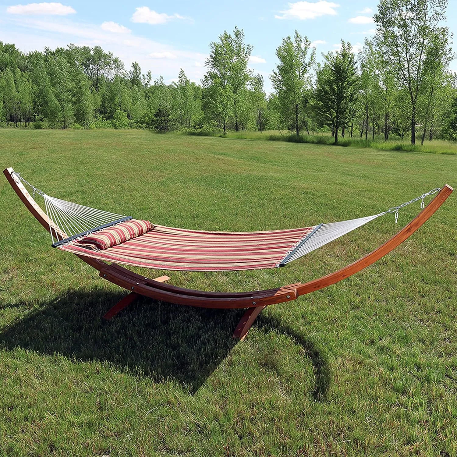 Sunnydaze Quilted Double Fabric Hammock with 13-Foot Curved Arc Wood Stand - 400 Pound Capacity - Red and Stripe