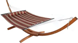 Sunnydaze Quilted Double Fabric Hammock with 13-Foot Curved Arc Wood Stand - 400 Pound Capacity - Red and Stripe