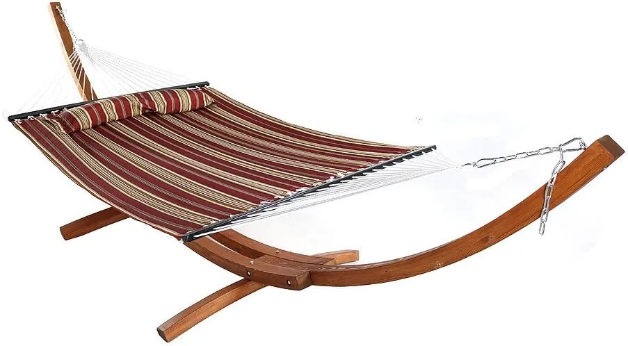 Sunnydaze Quilted Double Fabric Hammock with 13-Foot Curved Arc Wood Stand - 400 Pound Capacity - Red and Stripe