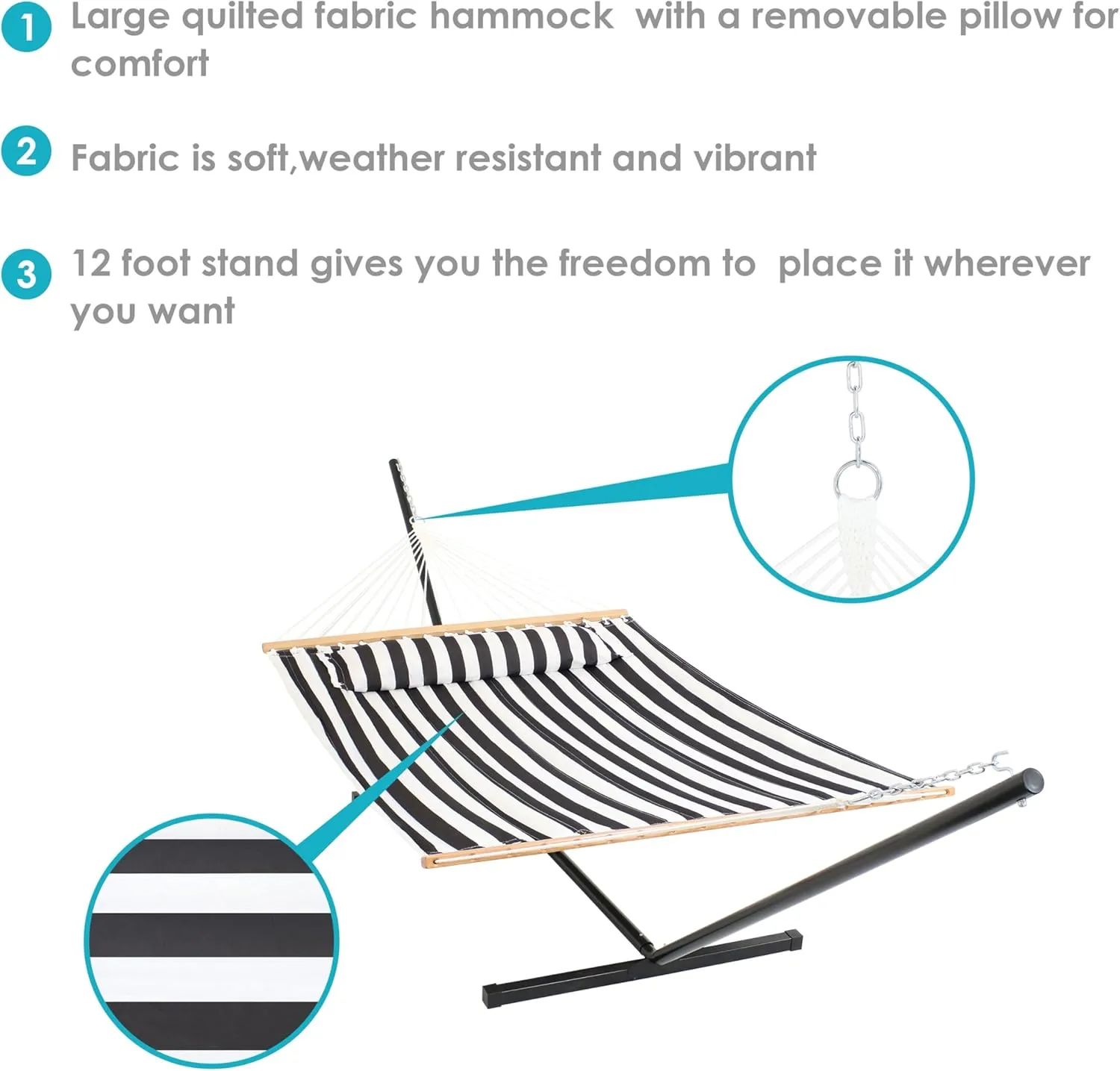 Sunnydaze Quilted Double Hammock with Stand for Outside - 350-Pound Capacity 2-Person Hammock with Stand - 12-Foot Stand - Black and White