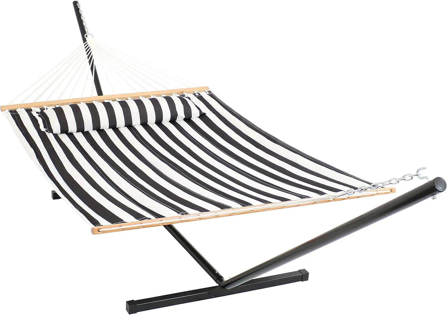 Sunnydaze Quilted Double Hammock with Stand for Outside - 350-Pound Capacity 2-Person Hammock with Stand - 12-Foot Stand - Black and White