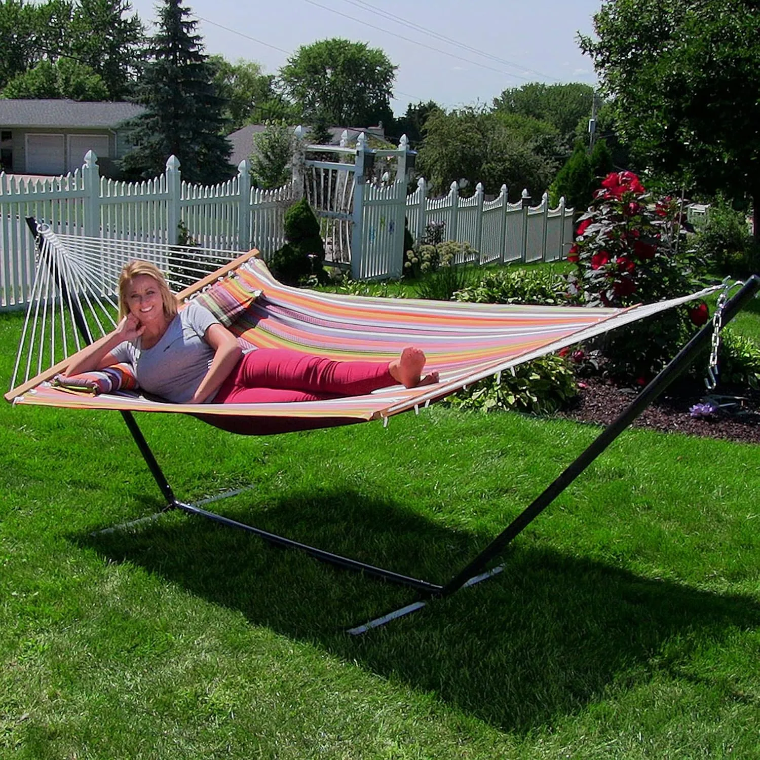 Sunnydaze Quilted Double Hammock with Stand for Outside - 350-Pound Capacity 2-Person Hammock with Stand - 12-Foot Stand - Canyon Sunset