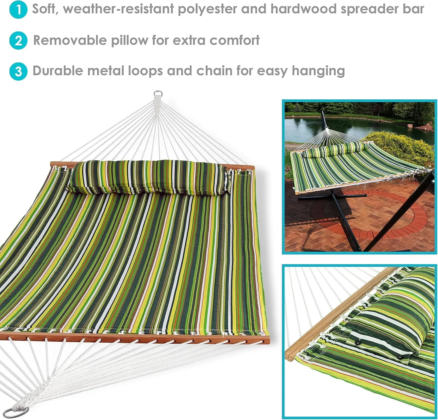 Sunnydaze Quilted Outdoor Hammock with Spreader Bars - Heavy-Duty 450-Pound Capacity Double Hammock for Outside - Melon Stripe