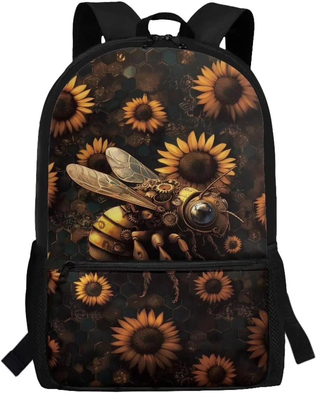 Suobstales Bee Sunflower Print Backpack Schoolbags for Kids Teens, 17 Inch Back to School Casual Daypack Bookbags Polyester Travel Rucksack with Front Pocket