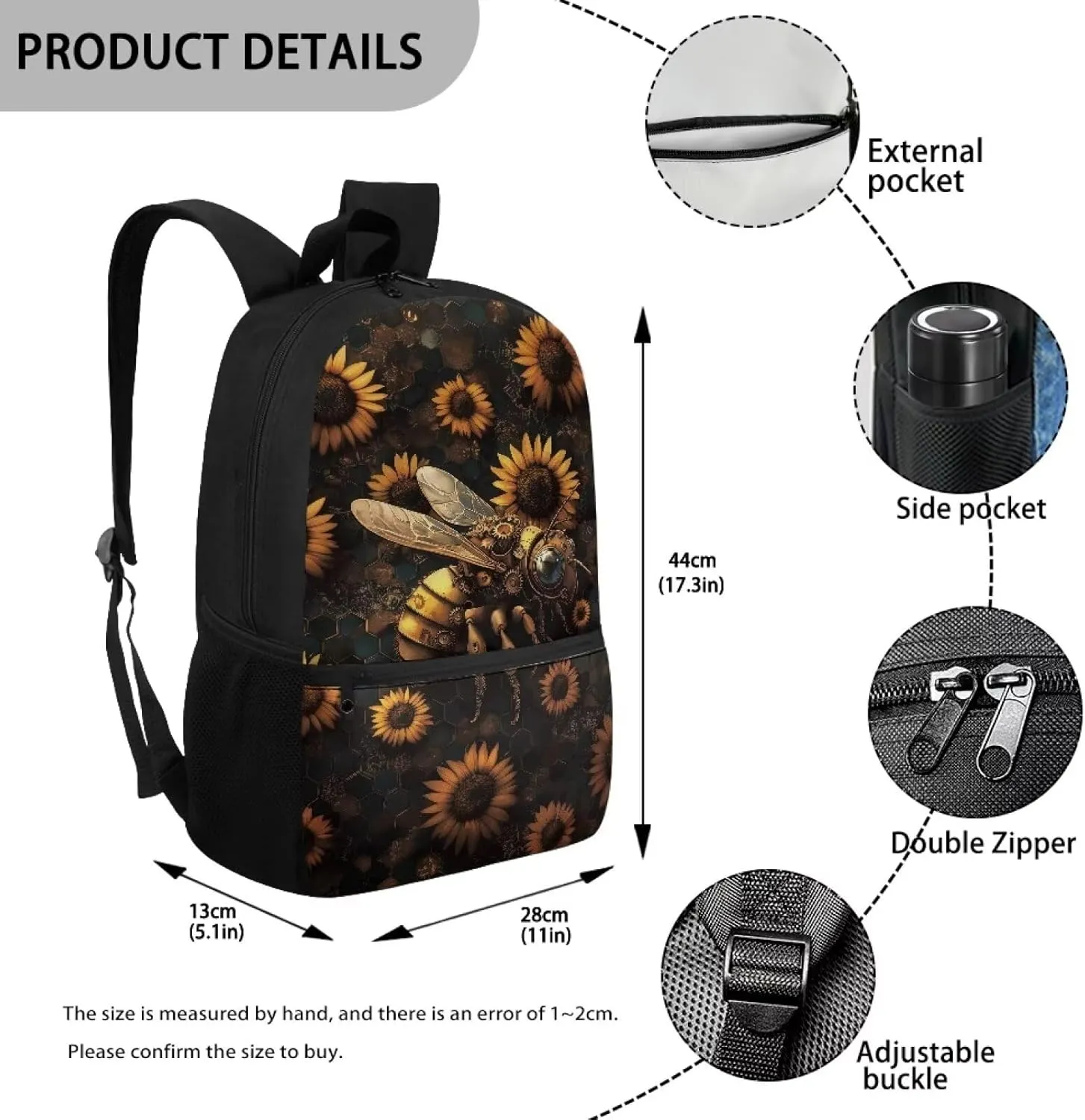 Suobstales Bee Sunflower Print Backpack Schoolbags for Kids Teens, 17 Inch Back to School Casual Daypack Bookbags Polyester Travel Rucksack with Front Pocket