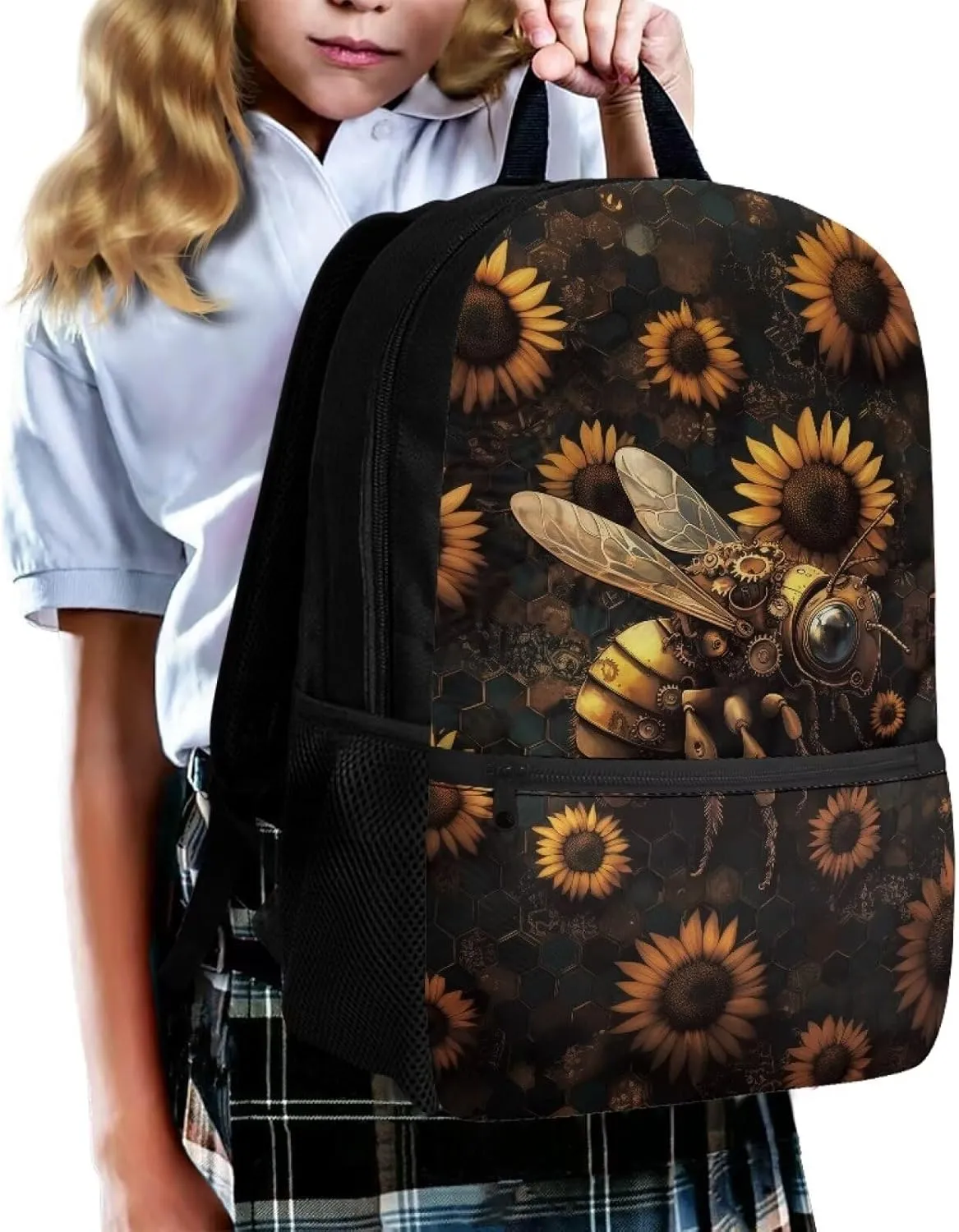 Suobstales Bee Sunflower Print Backpack Schoolbags for Kids Teens, 17 Inch Back to School Casual Daypack Bookbags Polyester Travel Rucksack with Front Pocket