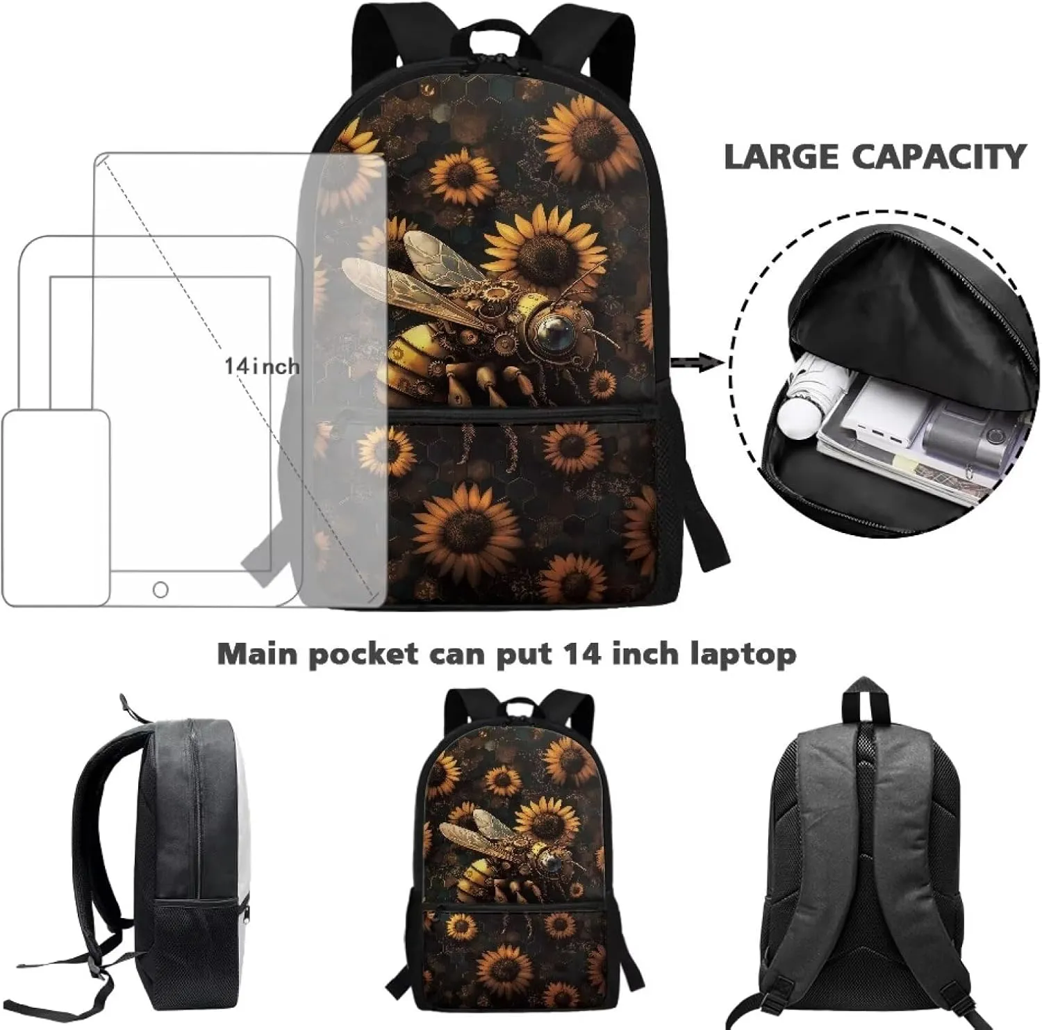 Suobstales Bee Sunflower Print Backpack Schoolbags for Kids Teens, 17 Inch Back to School Casual Daypack Bookbags Polyester Travel Rucksack with Front Pocket