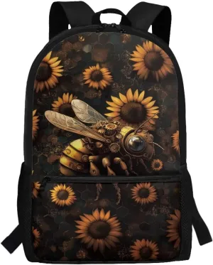 Suobstales Bee Sunflower Print Backpack Schoolbags for Kids Teens, 17 Inch Back to School Casual Daypack Bookbags Polyester Travel Rucksack with Front Pocket