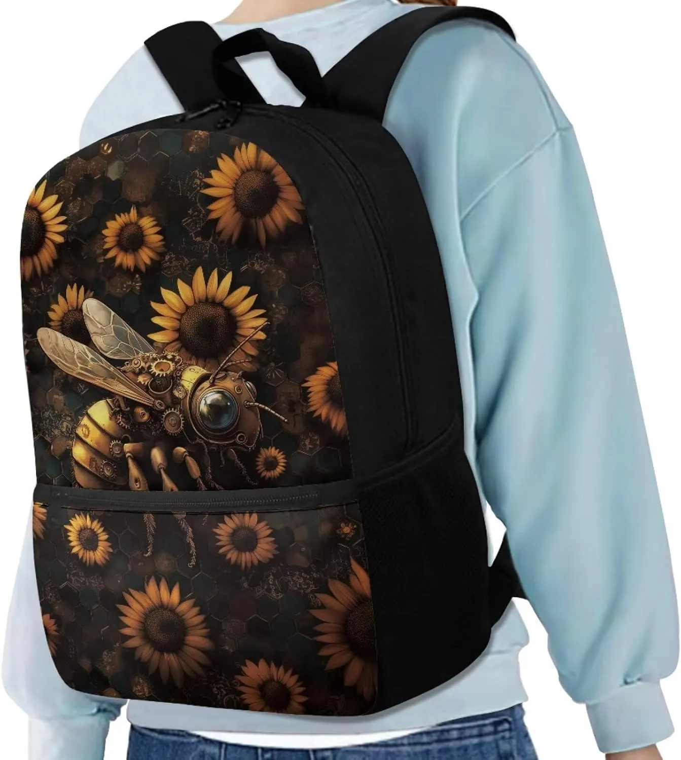 Suobstales Bee Sunflower Print Backpack Schoolbags for Kids Teens, 17 Inch Back to School Casual Daypack Bookbags Polyester Travel Rucksack with Front Pocket