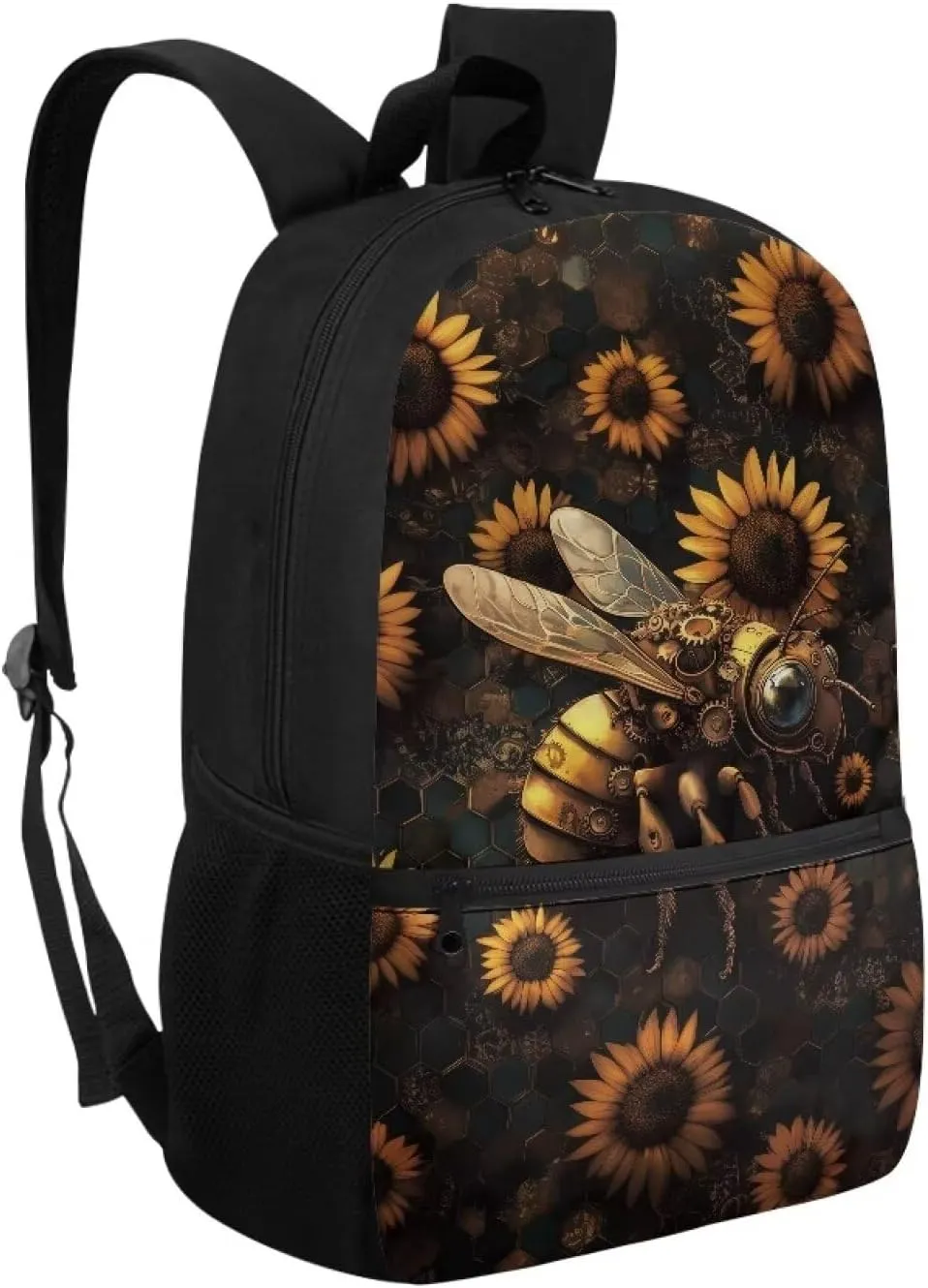Suobstales Bee Sunflower Print Backpack Schoolbags for Kids Teens, 17 Inch Back to School Casual Daypack Bookbags Polyester Travel Rucksack with Front Pocket