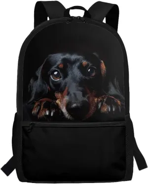 Suobstales Black Dachshund Print Backpack School Bag for Kids Teen 17 Inch Bookbag Organizer Large Capacity Organizer Book Bags Elementary Preschool Backpack Satchel