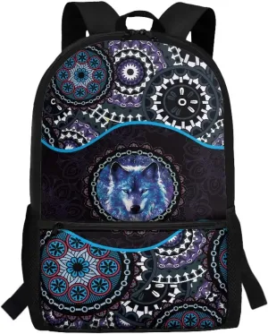 Suobstales Boho Mandala Wolf Print Backpack for Kids Boys Girls, Portable Shoulder Bags Bookbag Student Schoolbag Large Capacity Daypack with Adjustable Strap for Travel Hiking