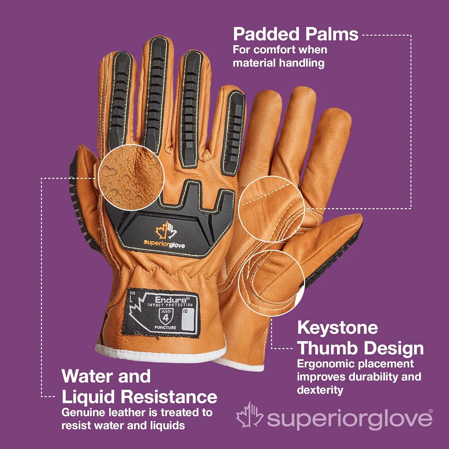 Superior Glove Endura Impact and Water Resistant Leather Work Gloves for Hand Safety Protection - 378GKVSB Large (Pack of 1 Pair)