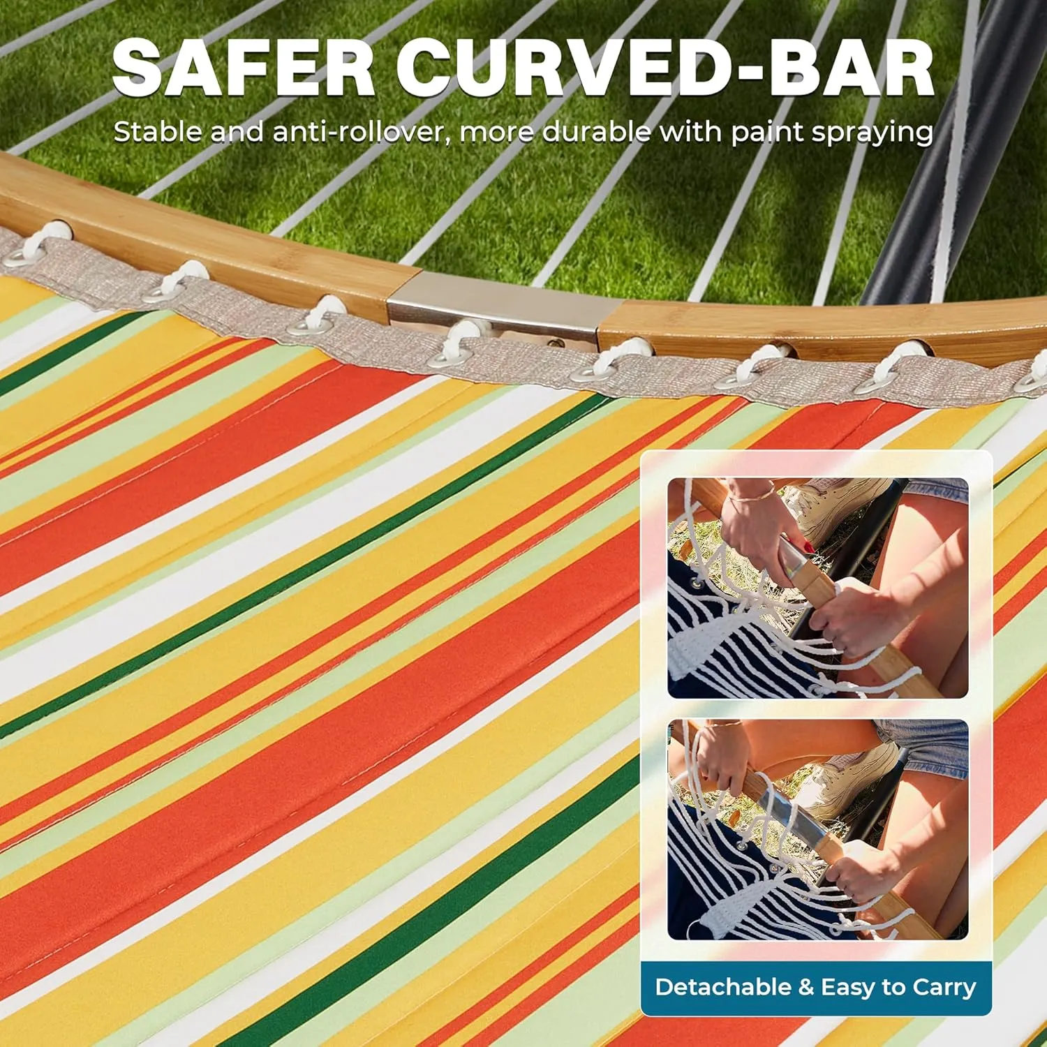 SUPERJARE Hammock with Stand, 2 Person Heavy Duty Hammock with Padded Cotton, Detachable Pillow & Strong Curved-Bar & Portable Carrying Bag, Perfect for Outdoor & Indoor, Orange with Stripes