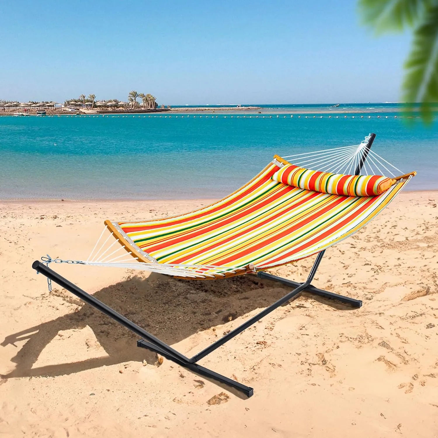 SUPERJARE Hammock with Stand, 2 Person Heavy Duty Hammock with Padded Cotton, Detachable Pillow & Strong Curved-Bar & Portable Carrying Bag, Perfect for Outdoor & Indoor, Orange with Stripes