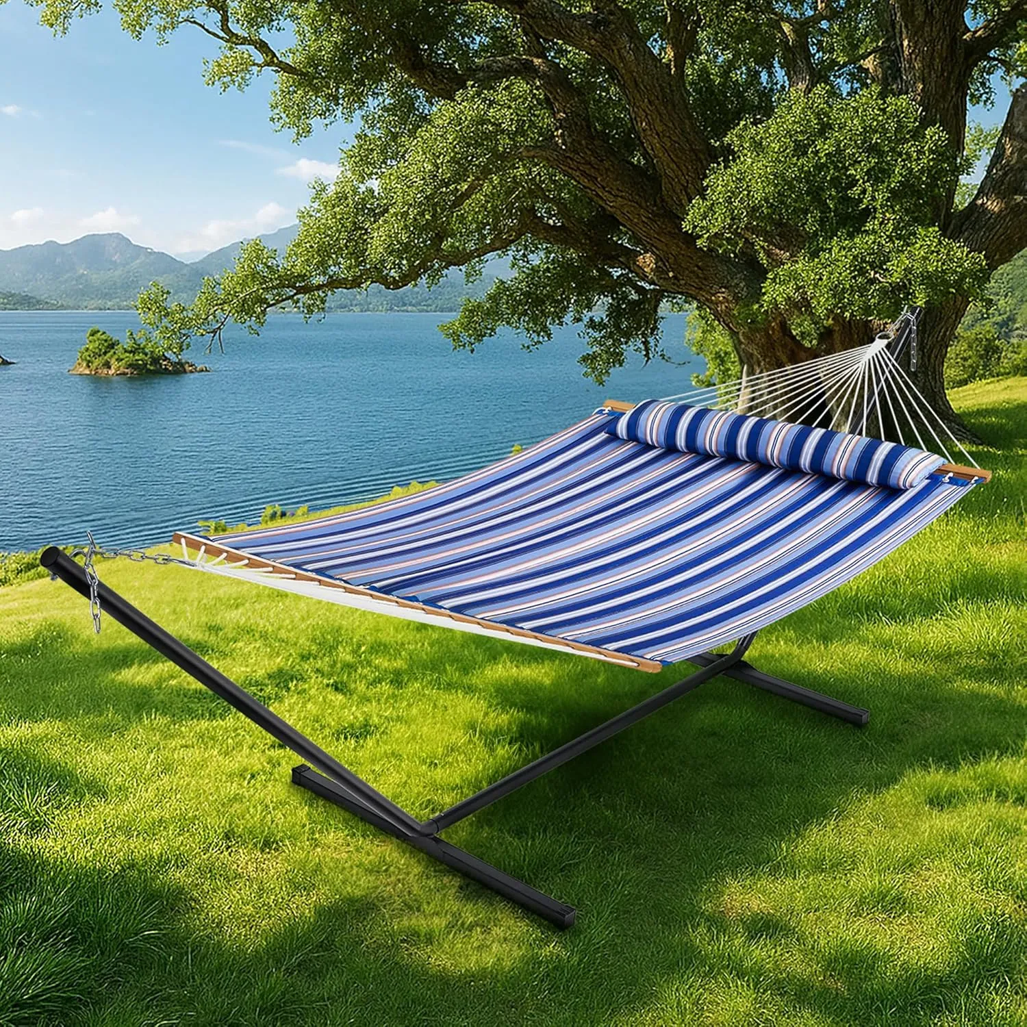 SUPERJARE Hammock with Stand, 2 Person Quilted Outdoor Hammock, Detachable Pillow & Bamboo Spreaders, Portable Hammock with Carrying Bag, Heavy Duty Stand, Perfect for Outside, Navy Blue Stripe