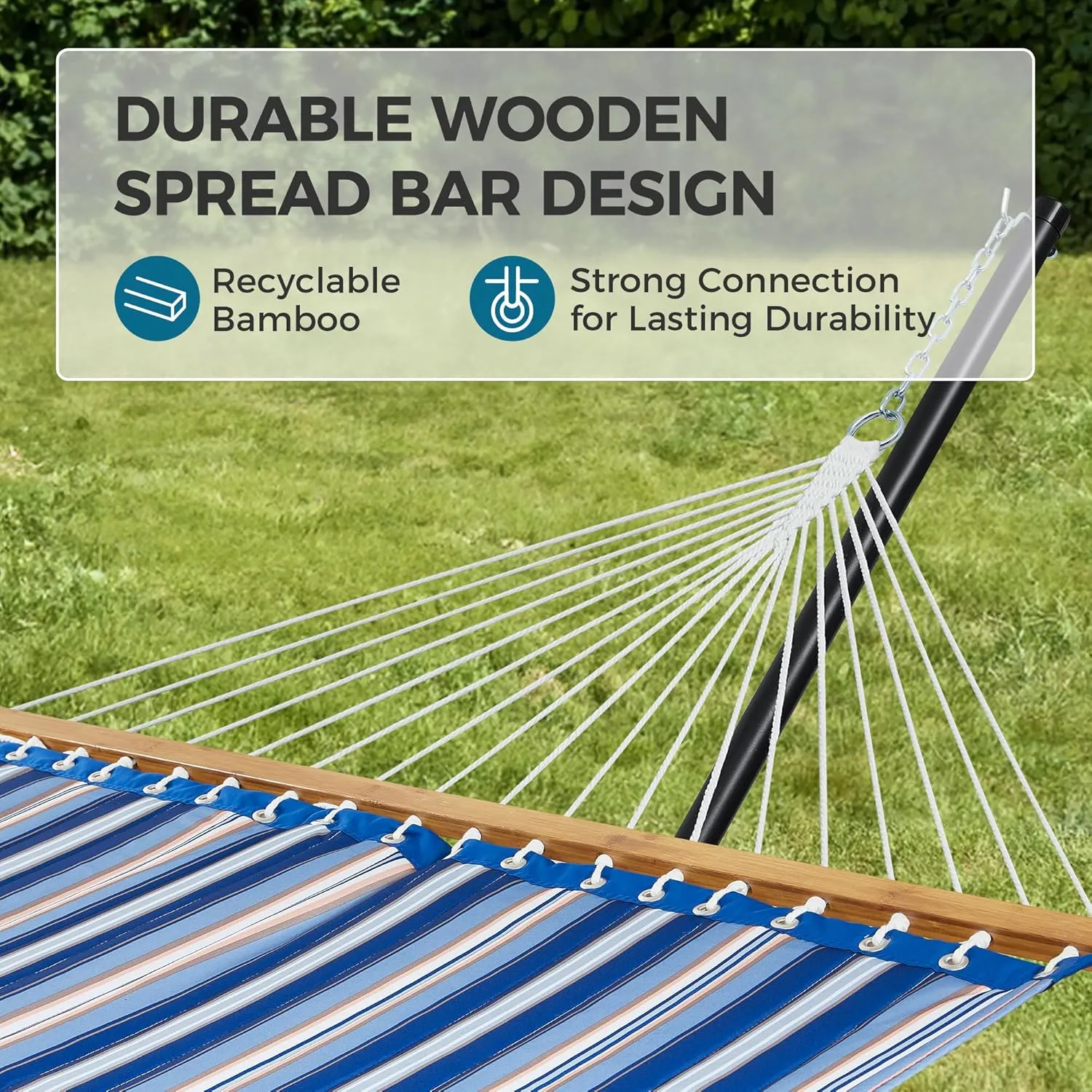 SUPERJARE Hammock with Stand, 2 Person Quilted Outdoor Hammock, Detachable Pillow & Bamboo Spreaders, Portable Hammock with Carrying Bag, Heavy Duty Stand, Perfect for Outside, Navy Blue Stripe