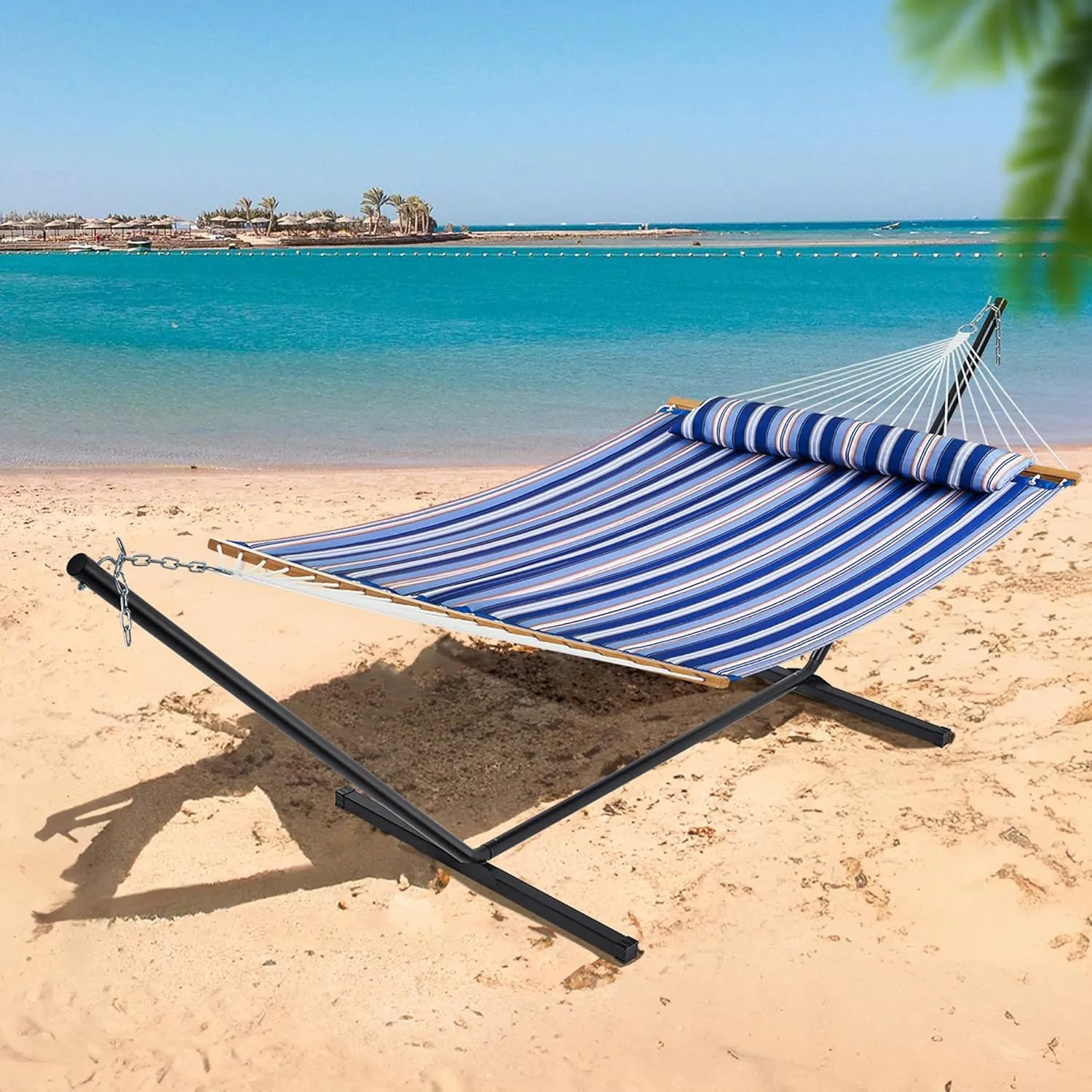 SUPERJARE Hammock with Stand, 2 Person Quilted Outdoor Hammock, Detachable Pillow & Bamboo Spreaders, Portable Hammock with Carrying Bag, Heavy Duty Stand, Perfect for Outside, Navy Blue Stripe