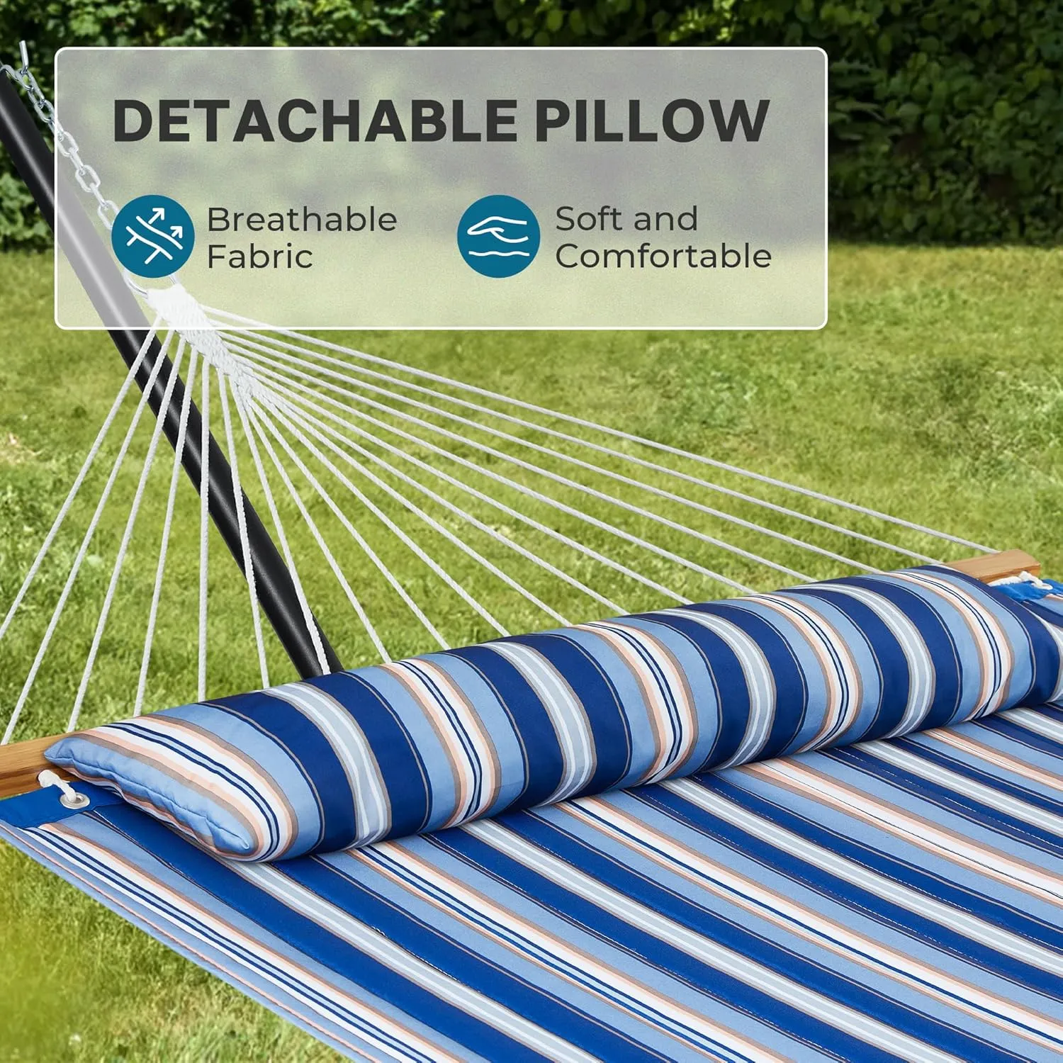 SUPERJARE Hammock with Stand, 2 Person Quilted Outdoor Hammock, Detachable Pillow & Bamboo Spreaders, Portable Hammock with Carrying Bag, Heavy Duty Stand, Perfect for Outside, Navy Blue Stripe
