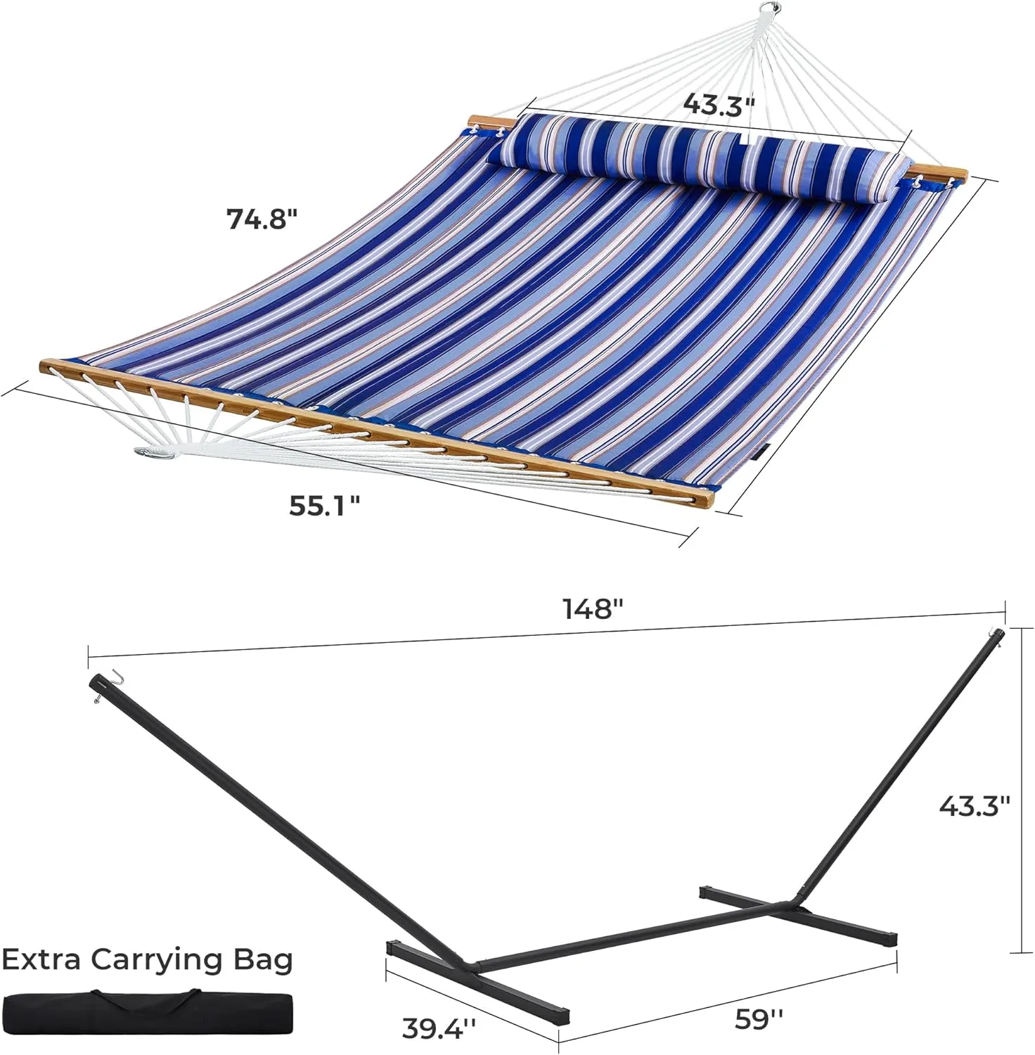 SUPERJARE Hammock with Stand, 2 Person Quilted Outdoor Hammock, Detachable Pillow & Bamboo Spreaders, Portable Hammock with Carrying Bag, Heavy Duty Stand, Perfect for Outside, Navy Blue Stripe