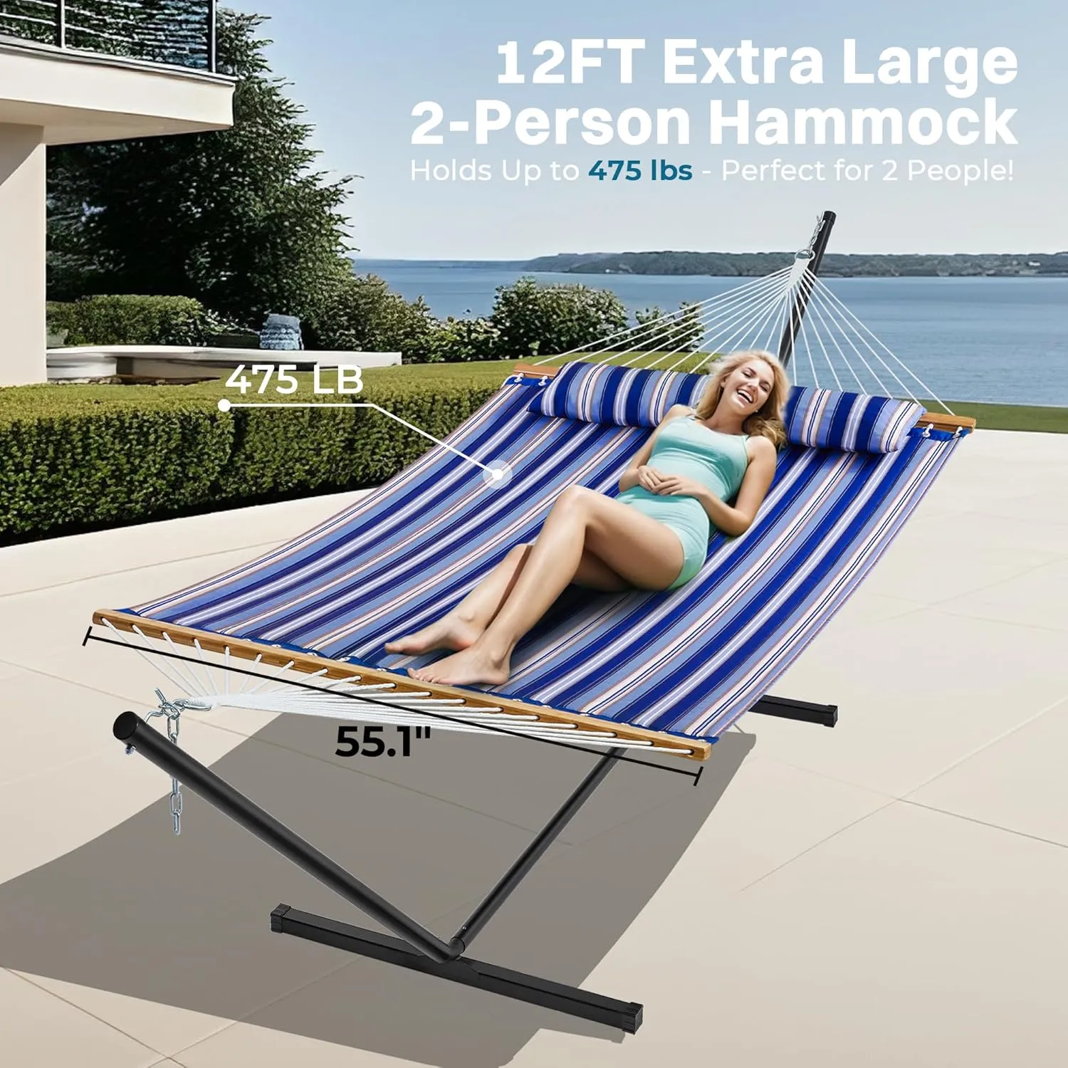 SUPERJARE Hammock with Stand, 2 Person Quilted Outdoor Hammock, Detachable Pillow & Bamboo Spreaders, Portable Hammock with Carrying Bag, Heavy Duty Stand, Perfect for Outside, Navy Blue Stripe