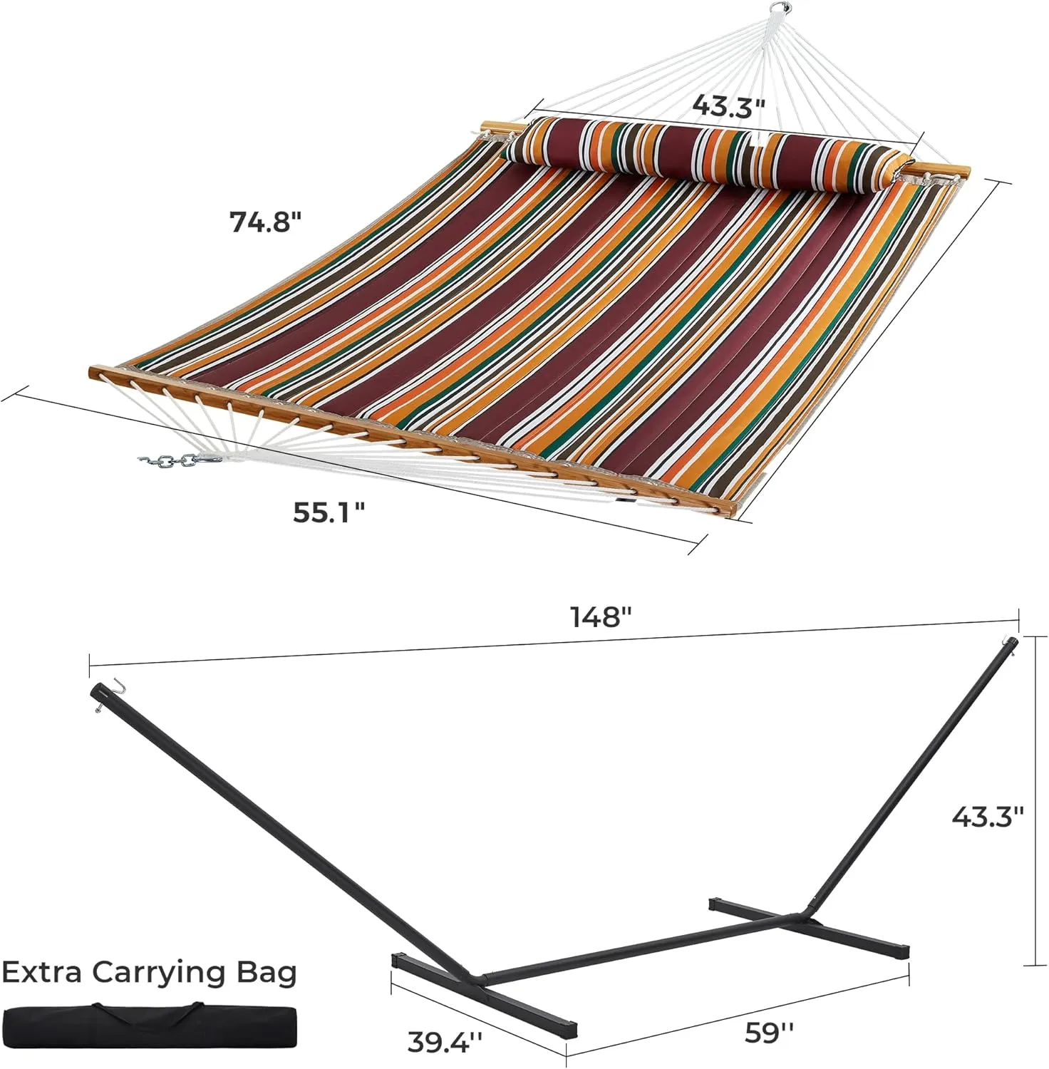 SUPERJARE Hammock with Stand, 2 Person Quilted Outdoor Hammock, Detachable Pillow & Bamboo Spreaders, Portable Hammock with Carrying Bag, Heavy Duty Stand, Perfect for Outside, Patio, Maple-Leaf Red