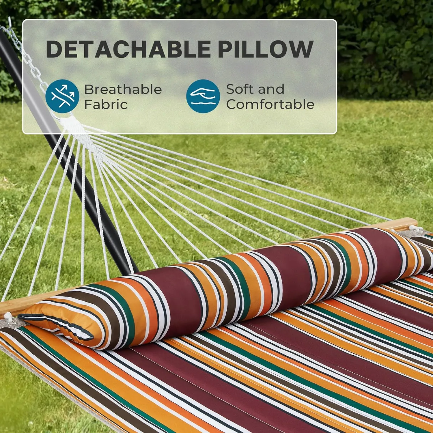 SUPERJARE Hammock with Stand, 2 Person Quilted Outdoor Hammock, Detachable Pillow & Bamboo Spreaders, Portable Hammock with Carrying Bag, Heavy Duty Stand, Perfect for Outside, Patio, Maple-Leaf Red