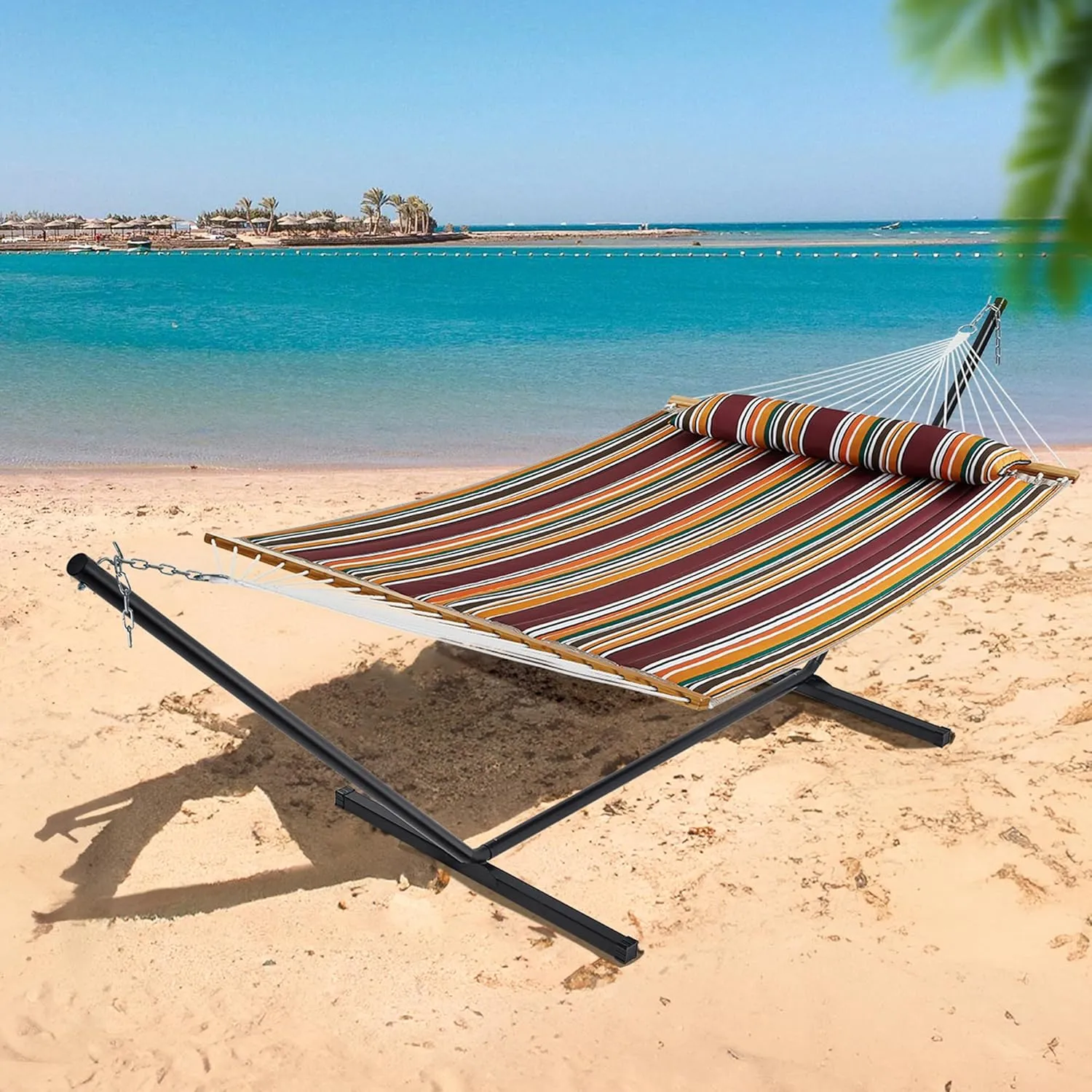 SUPERJARE Hammock with Stand, 2 Person Quilted Outdoor Hammock, Detachable Pillow & Bamboo Spreaders, Portable Hammock with Carrying Bag, Heavy Duty Stand, Perfect for Outside, Patio, Maple-Leaf Red