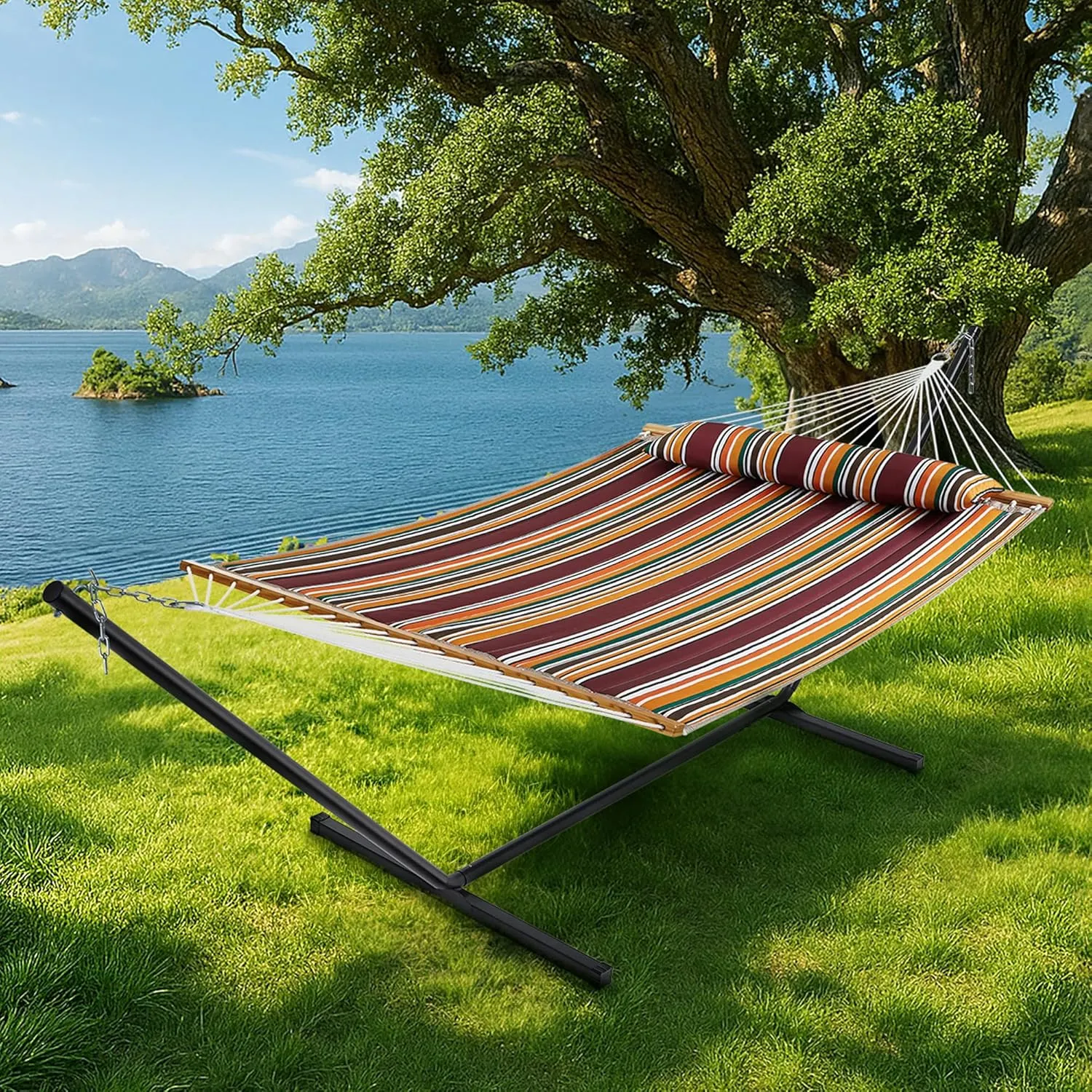 SUPERJARE Hammock with Stand, 2 Person Quilted Outdoor Hammock, Detachable Pillow & Bamboo Spreaders, Portable Hammock with Carrying Bag, Heavy Duty Stand, Perfect for Outside, Patio, Maple-Leaf Red