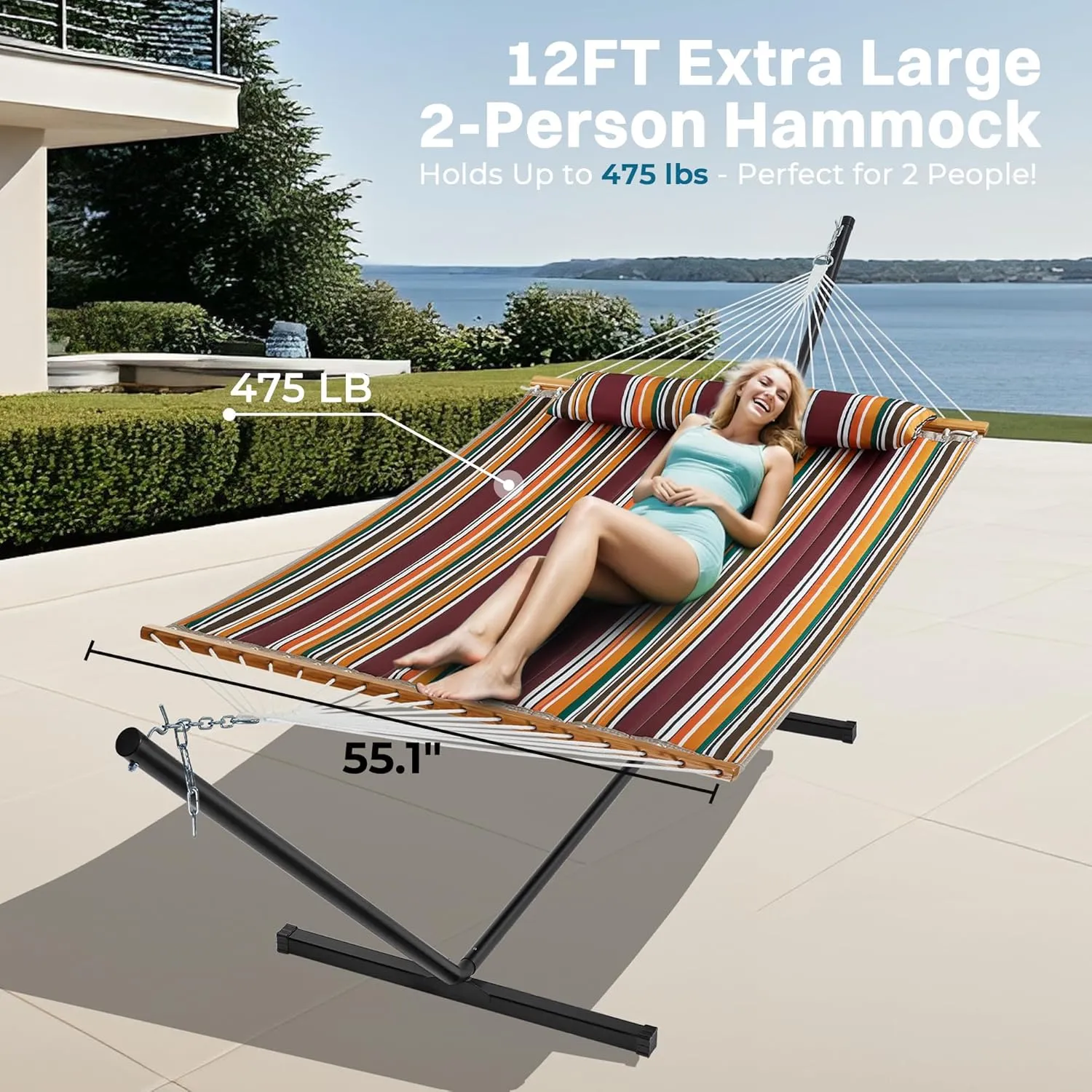 SUPERJARE Hammock with Stand, 2 Person Quilted Outdoor Hammock, Detachable Pillow & Bamboo Spreaders, Portable Hammock with Carrying Bag, Heavy Duty Stand, Perfect for Outside, Patio, Maple-Leaf Red