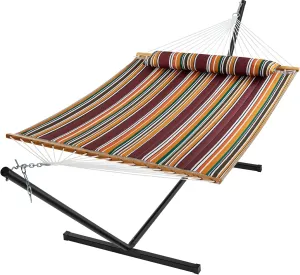 SUPERJARE Hammock with Stand, 2 Person Quilted Outdoor Hammock, Detachable Pillow & Bamboo Spreaders, Portable Hammock with Carrying Bag, Heavy Duty Stand, Perfect for Outside, Patio, Maple-Leaf Red